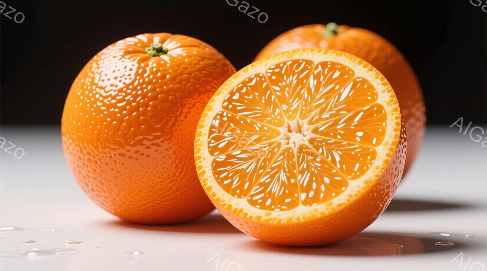 鮮やかなオレンジが２つ、白い表面に置かれています。一つは丸ごとで、もう一つは半分にカットされており、内部の果肉が露出しています。背景は暗く、光がオレンジに当たって、その質感を強調しています。