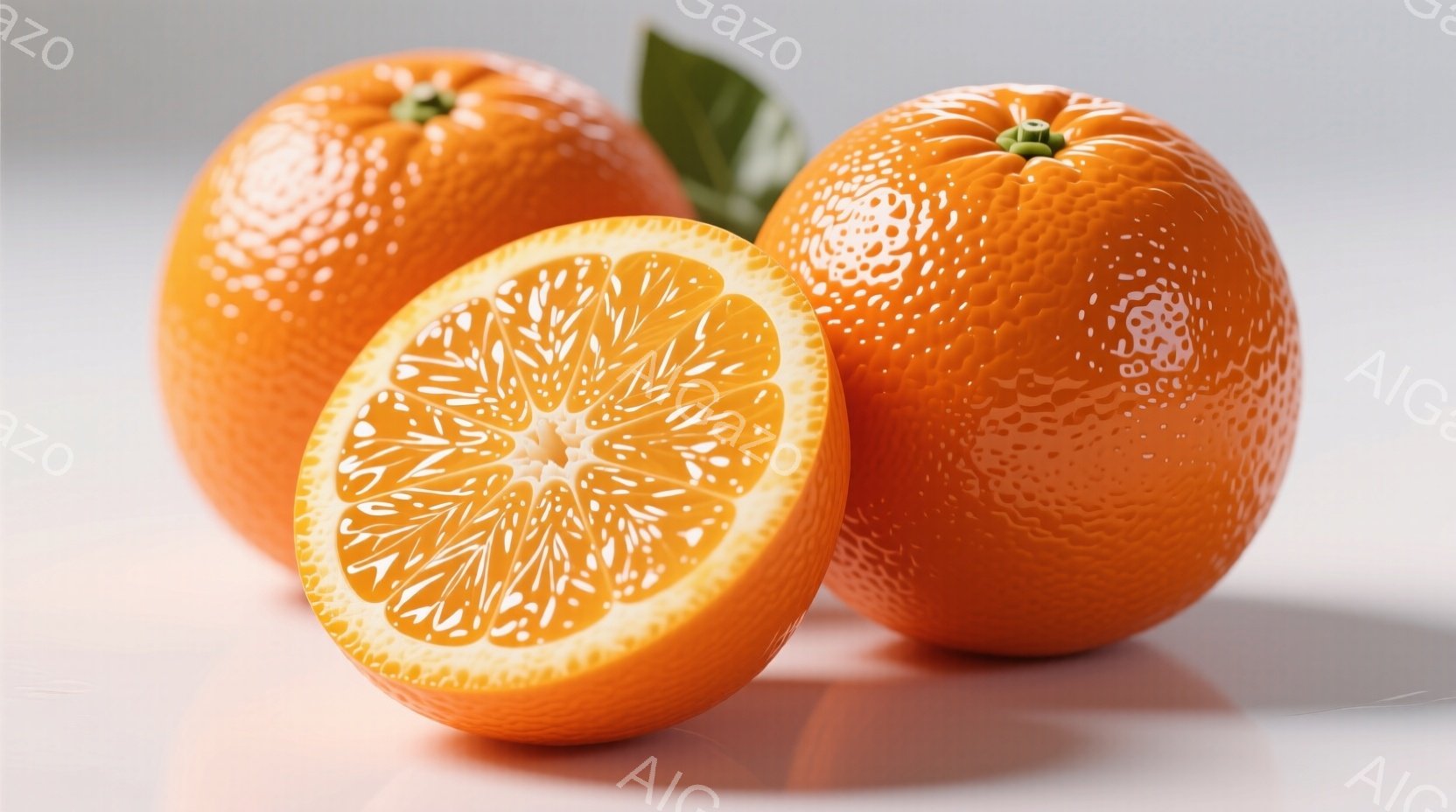 みかんが三つ、白い背景に並んでいます。一つは半分にカットされており、果肉の断面が詳細に見えます。全体的に明るく、みかんの鮮やかなオレンジ色が際立っており、みずみずしい印象を与えます。