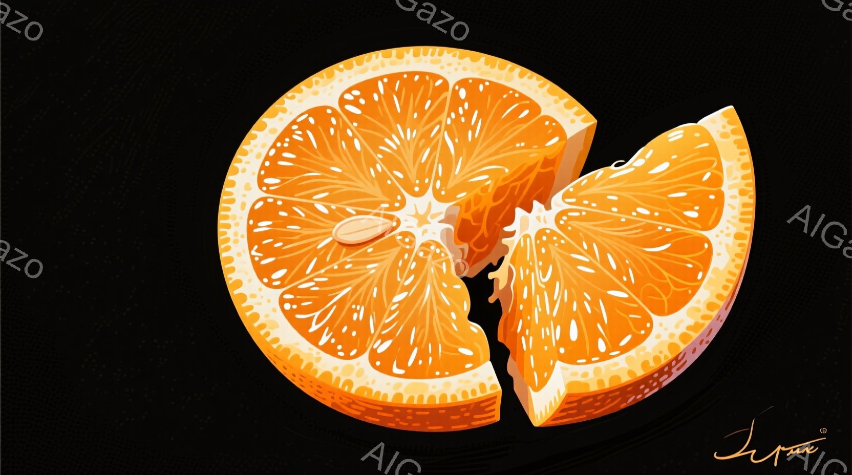 鮮やかなオレンジが半分にカットされ、断面が詳細に描かれている。果肉の繊維や果汁がリアルに表現されており、背景は真っ黒でオレンジが際立っている。全体的にシンプルながら、果物の瑞々しさが感じられる、食欲を - AI生成フリー素材
