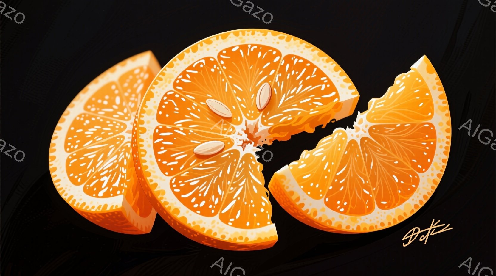 鮮やかなオレンジが3枚、切り口を上にして配置されています。果肉の繊維が詳細に描かれ、種子が中央に配置されているのがわかります。背景は暗いグレーで、オレンジの鮮やかさを際立たせています。