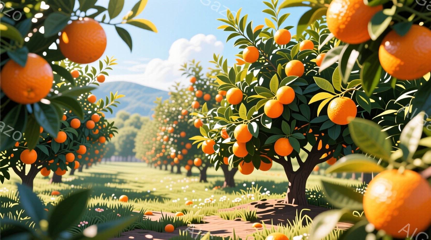 鮮やかなオレンジ色の果実が実ったオレンジ畑が広がっています。低い視点から撮影されたこの画像は、手前の木々の葉や果実が大きく、奥には緑豊かな丘陵地帯が広がっています。暖かい日差しと緑豊かな自然が、平和で - AI生成フリー素材