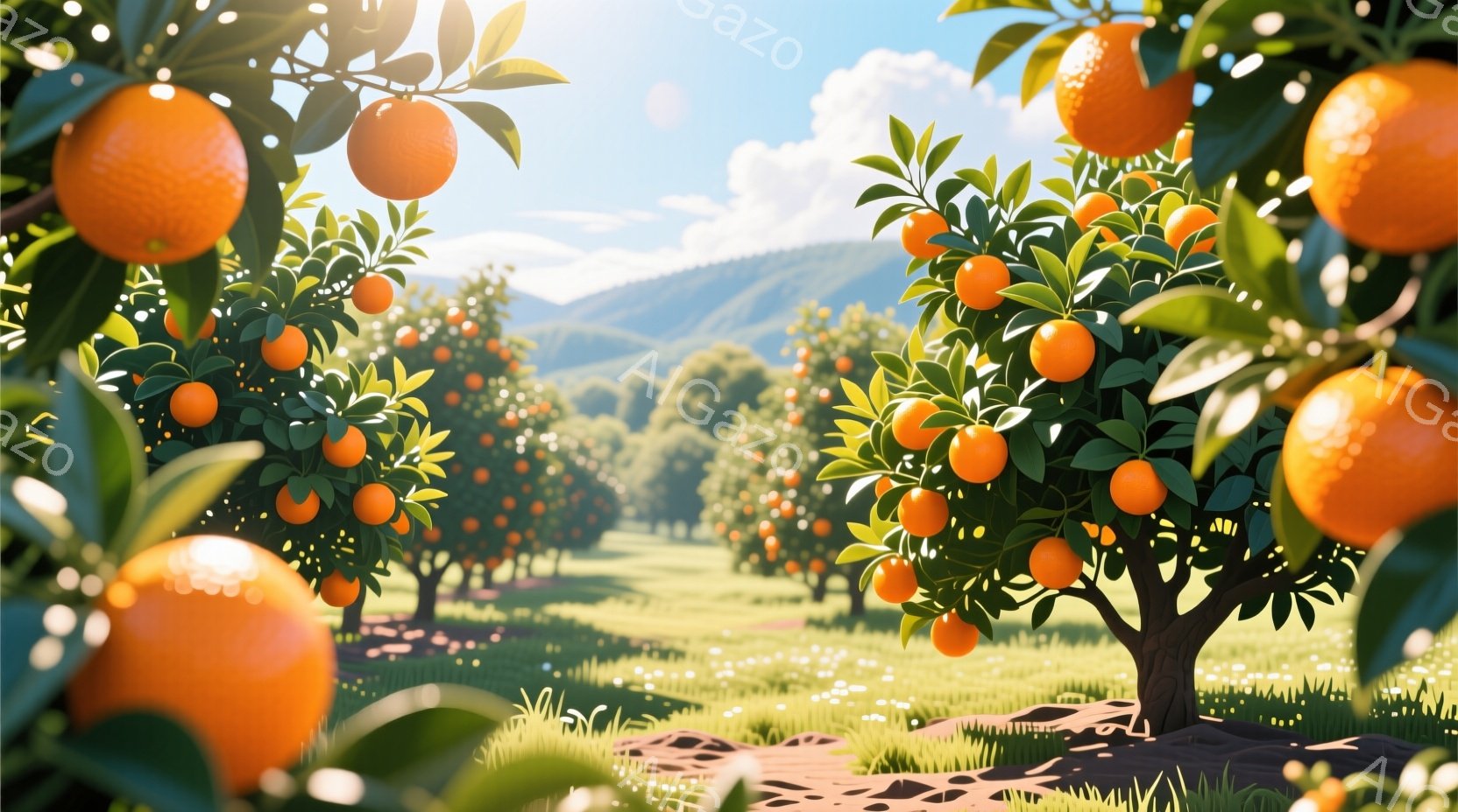 オレンジの木が並ぶ果樹園の風景です。鮮やかなオレンジ色の実が枝にたくさん実っており、緑豊かな葉とのコントラストが美しいです。背景には緑の丘と青空が広がり、晴れた日の穏やかな雰囲気が漂っています。 - AI生成フリー素材