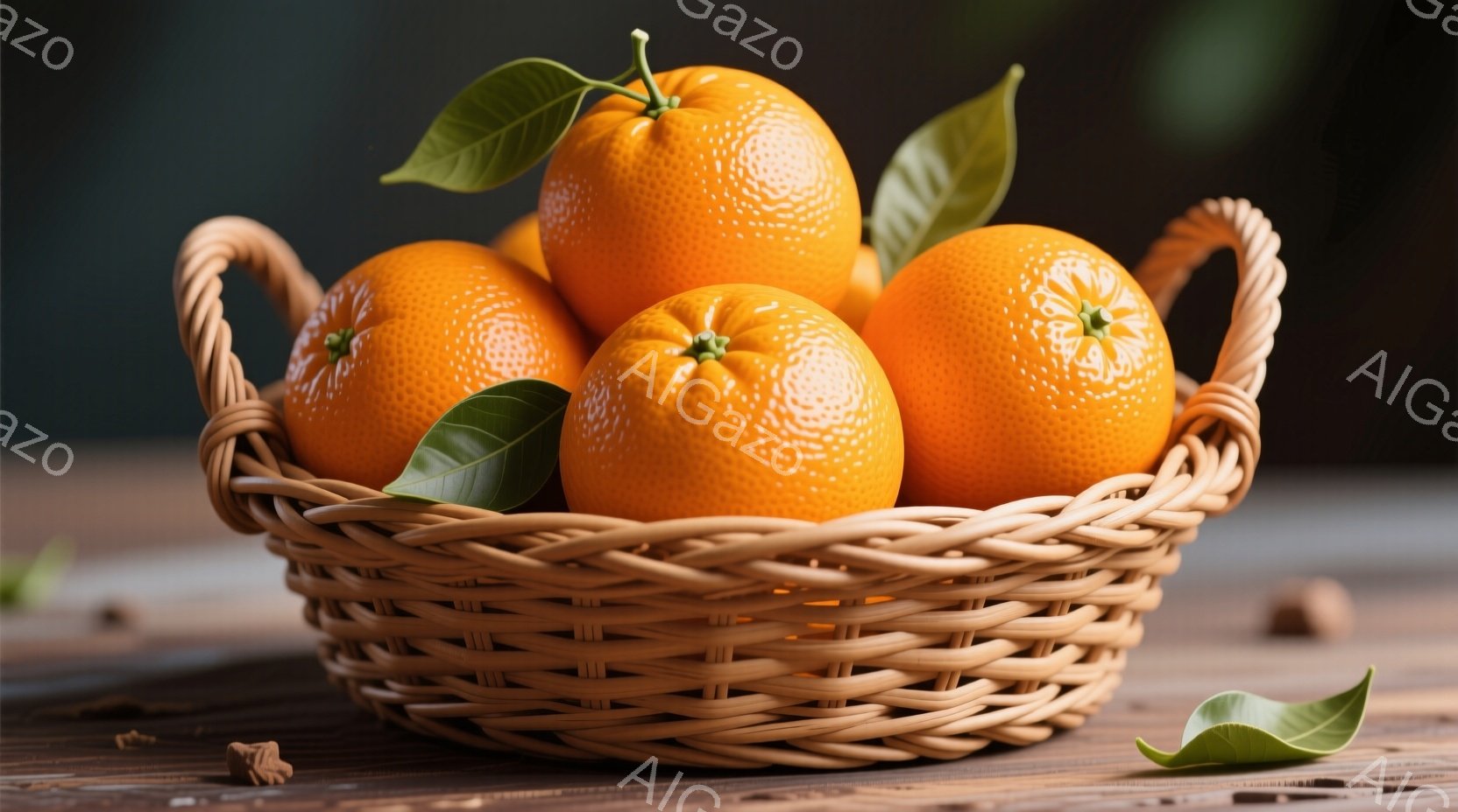 籐編みのバスケットにオレンジが数個入っており、鮮やかなオレンジ色が目に飛び込んできます。緑の葉が添えられており、自然な雰囲気を醸し出しています。背景は木製のテーブルで、暖かく、落ち着いた雰囲気です。 - AI生成フリー素材