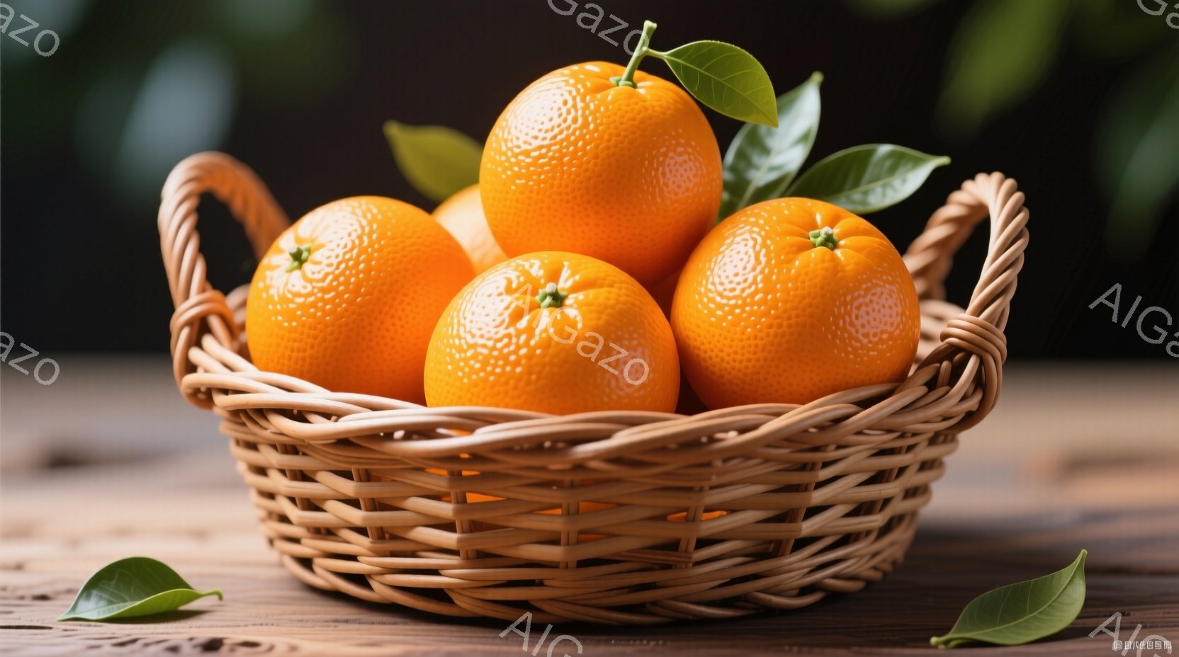 籐で編まれた籠の中に、鮮やかなオレンジがいくつか入っています。オレンジの表面はデコボコとしており、緑色の葉っぱが数枚添えられています。背景は木製のテーブルで、全体的に暖かく、自然な雰囲気が漂っています - AI生成フリー素材