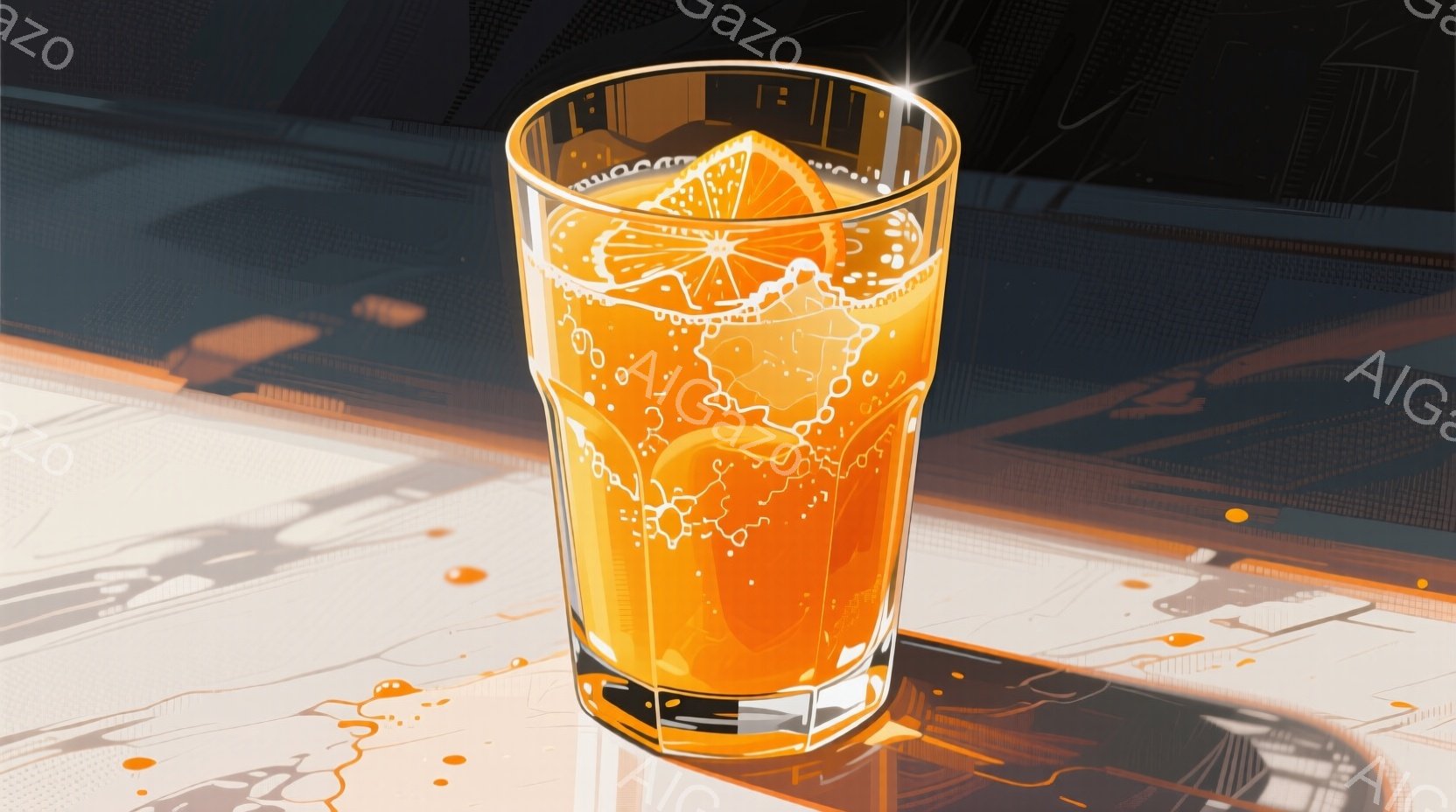 オレンジジュースがグラスに満たされ、泡が立ち上っている様子が描かれています。グラスの周囲にはジュースがこぼれた跡があり、光沢のある白い台の上に置かれています。背景は暗く、複雑な線と影で構成され、ジュー - AI生成フリー素材