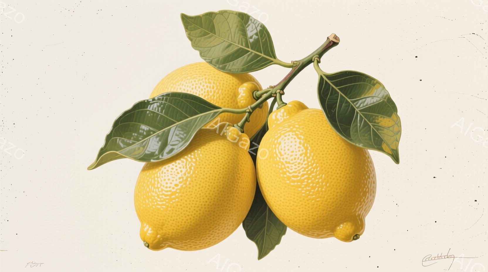 葉と茎に囲まれた3つのレモンが写っています。レモンは鮮やかな黄色で、表面には細かい凹凸があります。背景はぼやけており、レモンが主な焦点となっています。