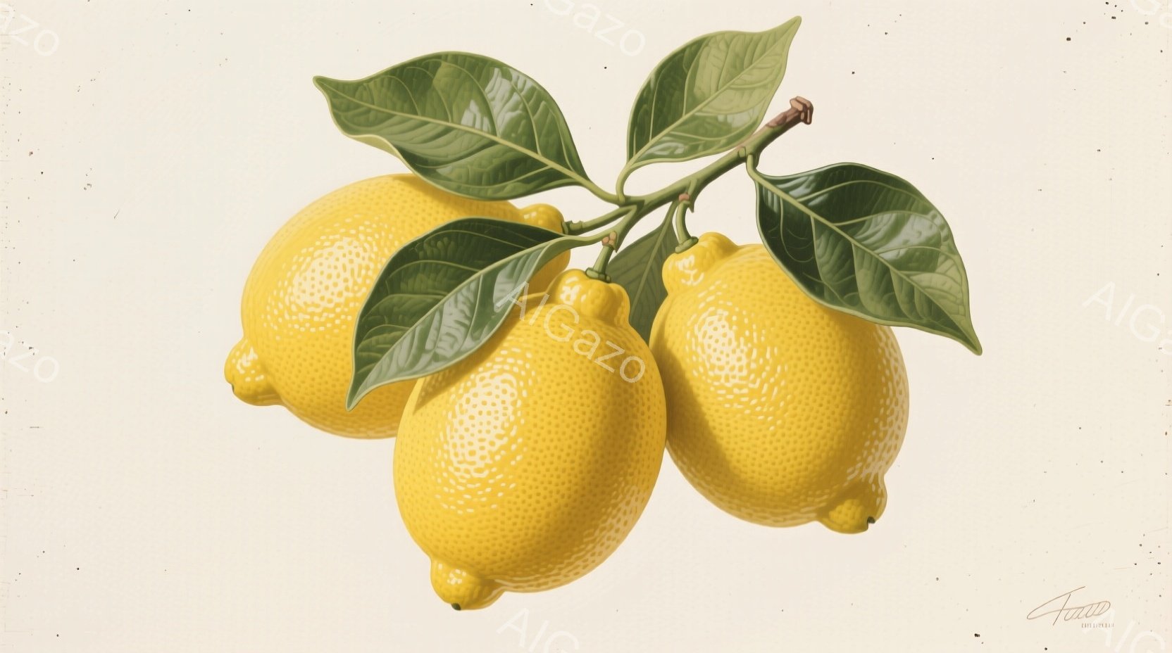 鮮やかなレモンが枝についた状態で描かれており、葉っぱも一緒に描かれている。レモンの表面は細かい斑点模様で、光沢があり、みずみずしさを感じさせる。背景は白く、レモンと葉っぱが際立っており、全体的に爽やか - AI生成フリー素材