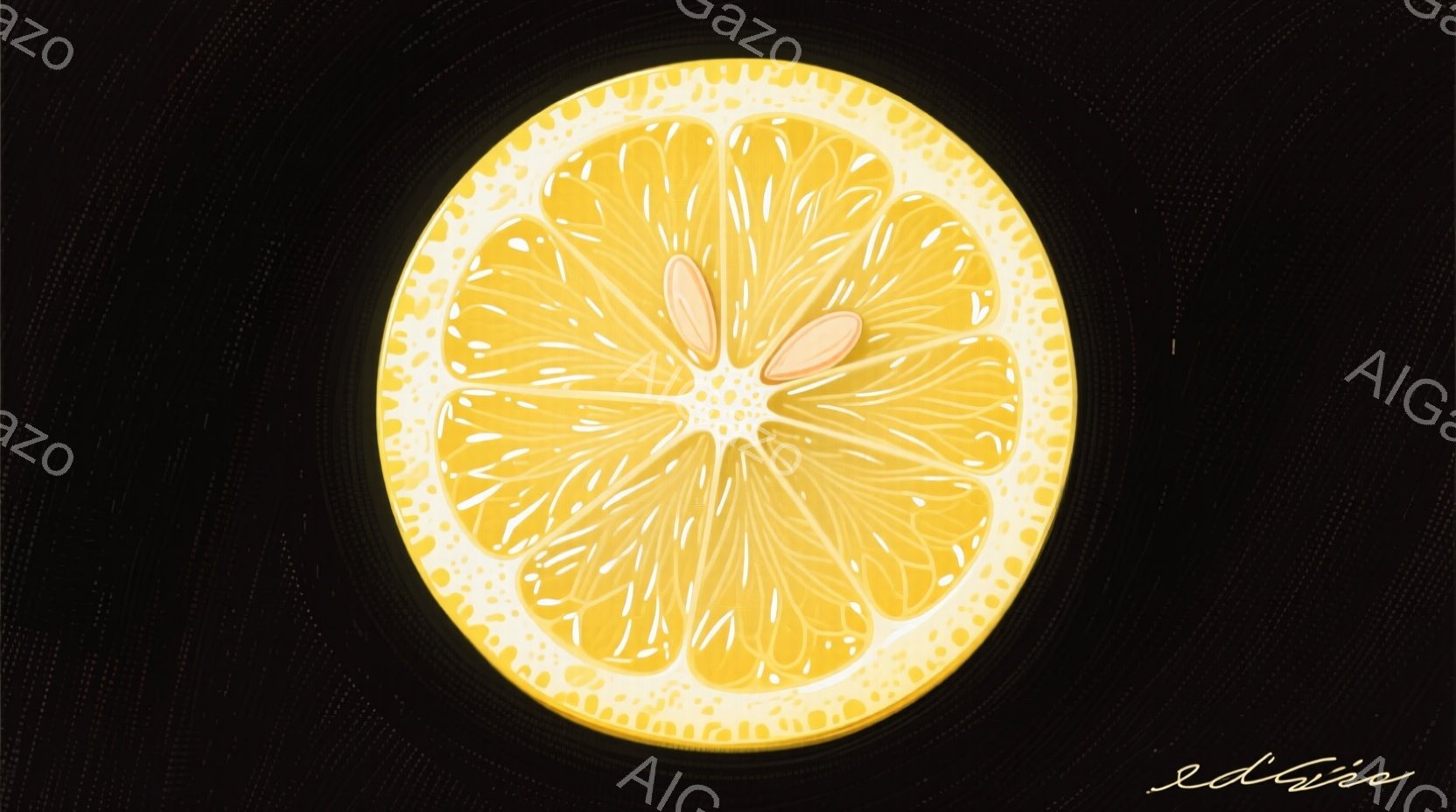 画像はレモンの断面図で、鮮やかな黄色が特徴的です。レモンの果肉は放射状に配置され、中央には種が2つあります。黒色の背景がレモンの色を引き立て、全体的にシンプルで鮮やかな印象を与えます。