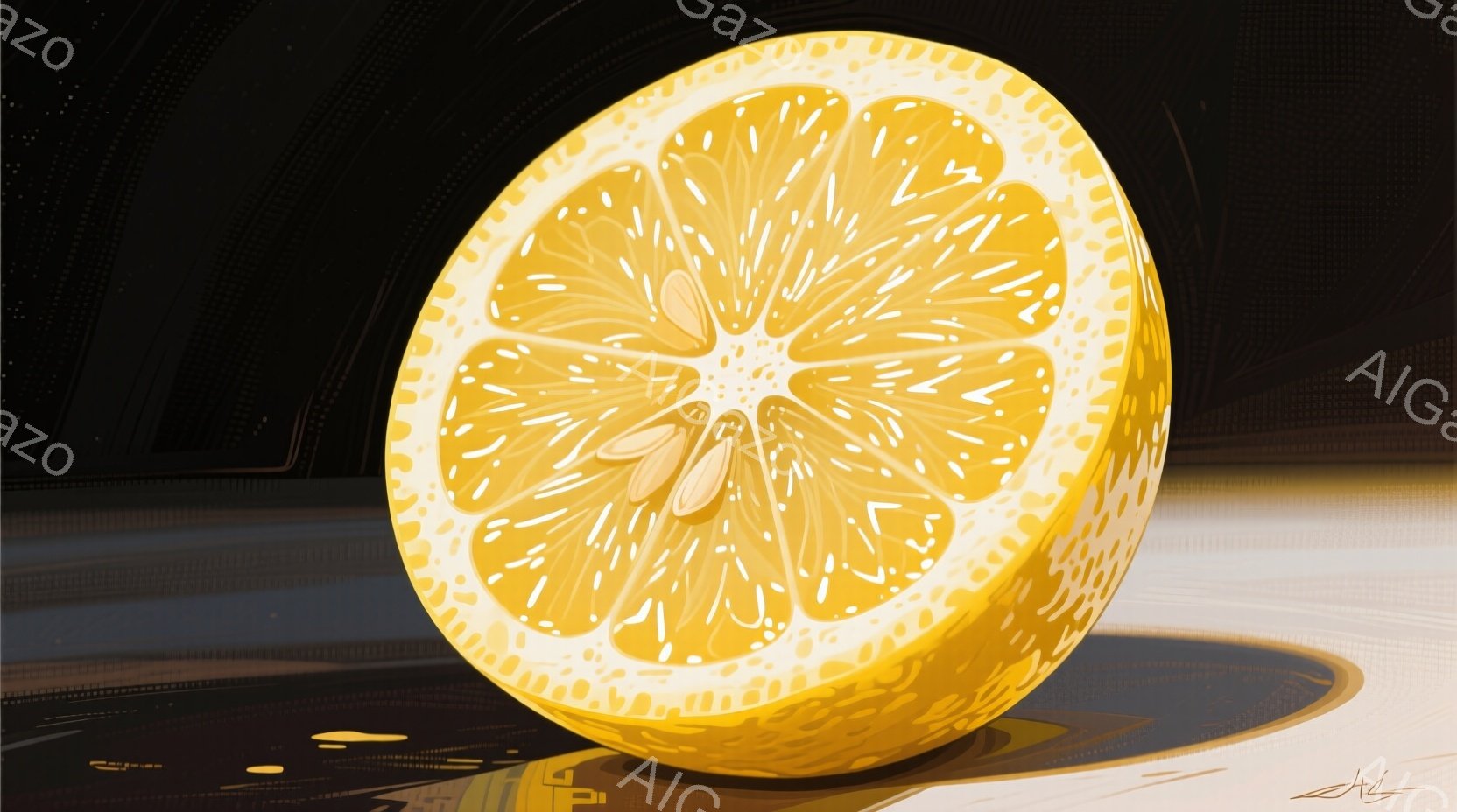 画像は半分にカットされたレモンのクローズアップで、表面の果肉の質感と種子が細かく描写されている。レモンは滑らかな表面に反射し、光沢があり、背景は暗いグレーとわずかな光の反射で構成され、レモンが際立っている。全体として、鮮やかさと静寂が共存する、ミニマルで美しい静物画の雰囲気である。