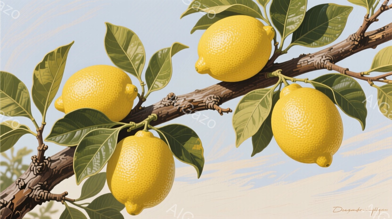 画像はレモンの実が枝にぶら下がっている様子を捉えています。鮮やかな黄色のレモンは、緑色の葉に囲まれ、枝にしっかりと実っています。背景は淡い青空で、穏やかで爽やかな雰囲気を醸し出しています。 - AI生成フリー素材