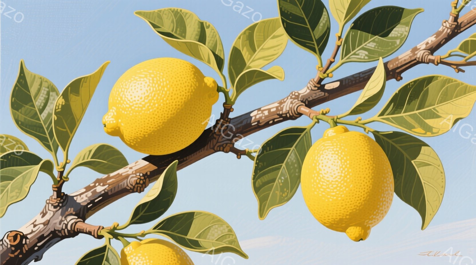 画像はレモンの木の枝に実ったレモンを捉えています。鮮やかな黄色のレモンは、緑の葉に囲まれ、枝の茶色い質感と対照的です。背景は穏やかな青空で、全体的に明るく爽やかな印象を与えます。 - AI生成フリー素材