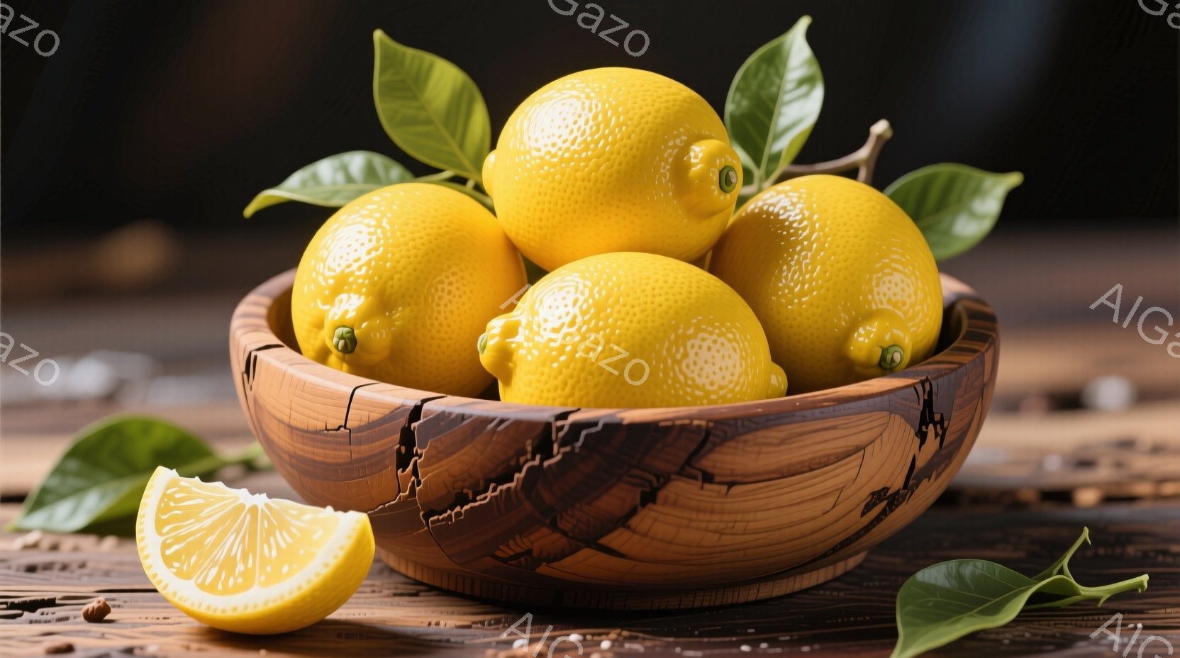 木のボウルにレモンがいくつか入っており、鮮やかな黄色が目を引きます。レモンの周りには緑色の葉が添えられ、さらに半分に切られたレモンが一つ、ボウルの外側に置かれています。背景は木製のテーブルで、温かく自 - AI生成フリー素材