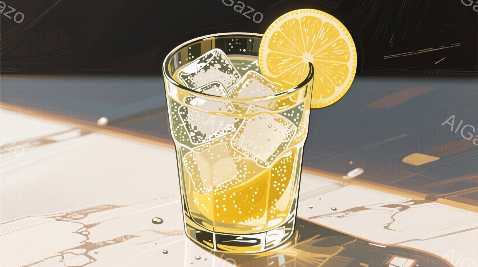 グラスには、氷とオレンジのスライスが入った琥珀色の液体が入っています。テーブルの表面は光沢があり、グラスの影が映り込んでいます。全体的に、爽やかでリフレッシュできるような雰囲気を醸し出しています。 - AI生成フリー素材