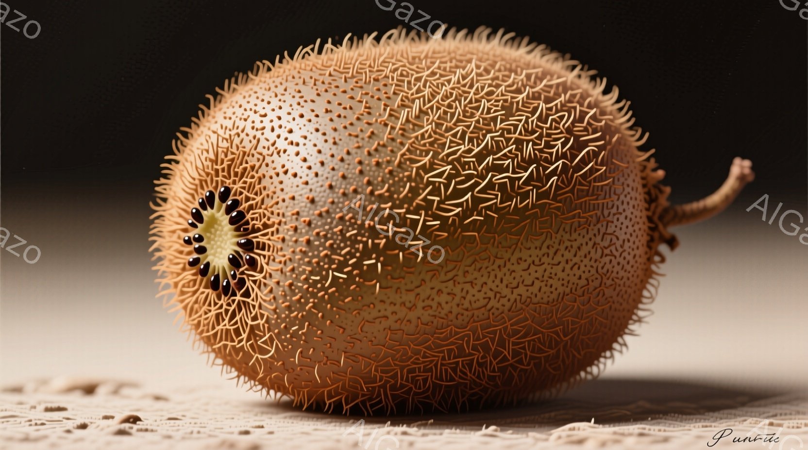 画像は茶色いハリネズミのような球体を示しています。表面は細かい毛で覆われており、左側には黒い小さな目のようなものが密集しています。下部には土のような質感の地面があり、全体的に温かみのある、落ち着いた雰囲気が漂っています。