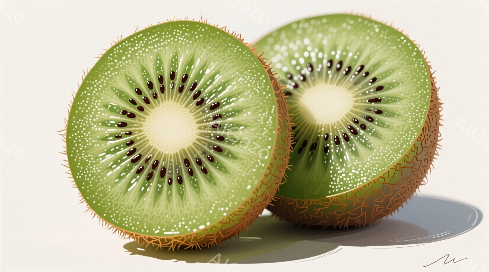 半分にカットされた2つのキウイフルーツが写っています。キウイフルーツは明るい緑色で、中央には小さな黒い種が密集しています。影が柔らかく落ちており、背景は淡いベージュ色で、全体的にフレッシュで自然な雰囲 - AI生成フリー素材