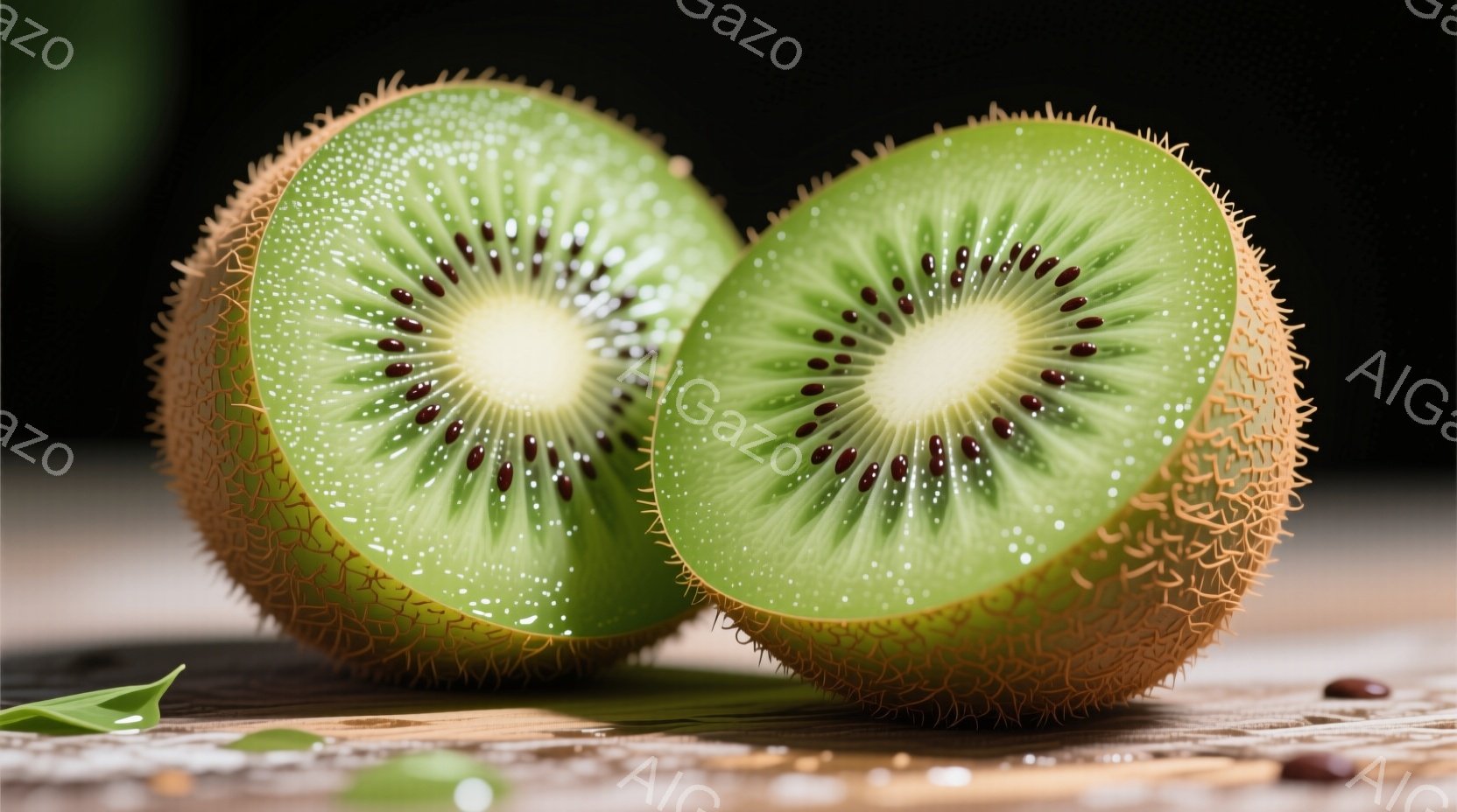 鮮やかな緑色のキウイフルーツが半分にカットされ、２つが並んで配置されている。表面は細かい毛で覆われ、内部には小さな黒い種が星状に散りばめられている。木製の板の上に置かれ、背景は暗く、全体的に自然で健康 - AI生成フリー素材