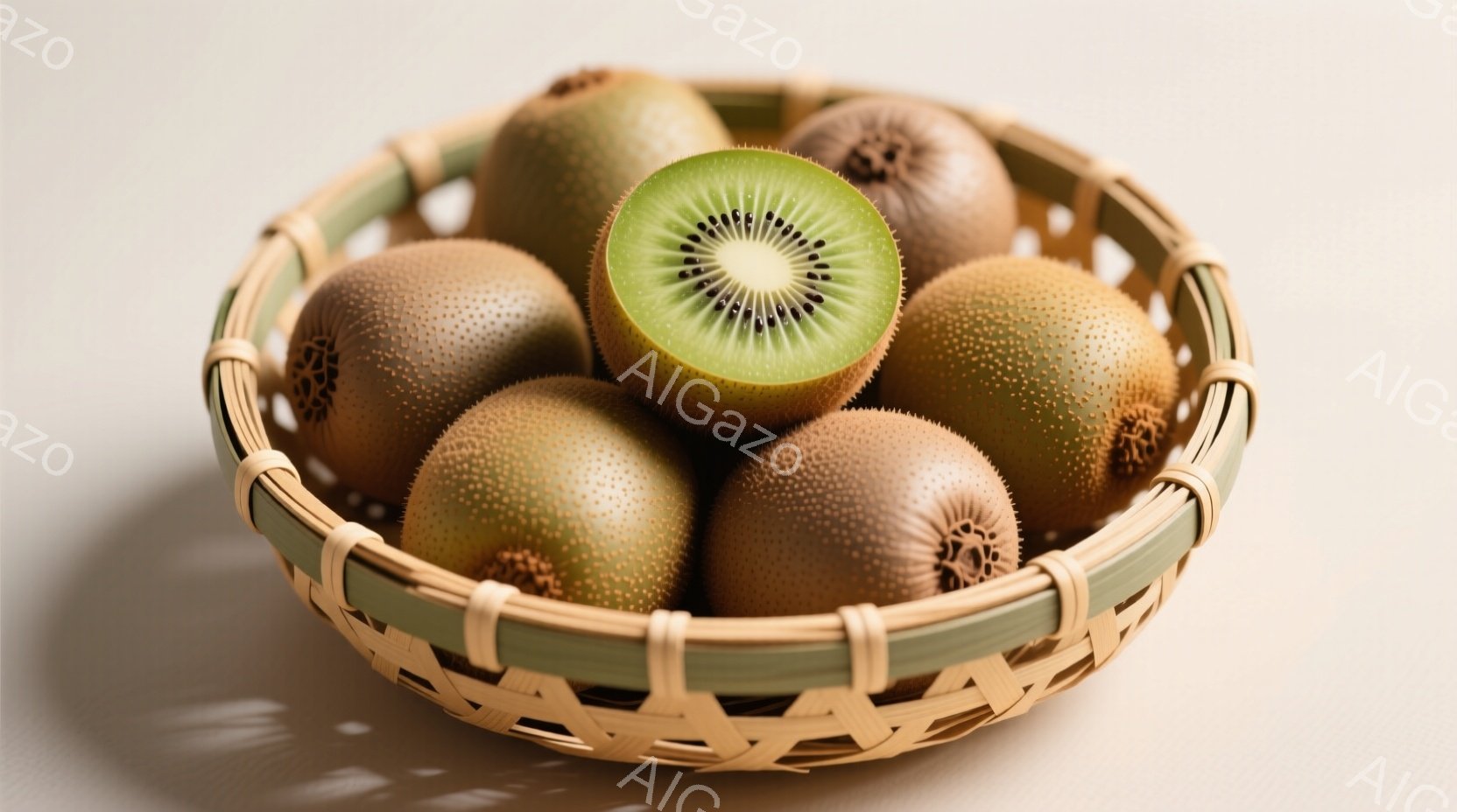 浅い緑色の竹編みのカゴの中に、茶色いキウイフルーツがいくつか入っています。一つは半分にカットされており、緑色の果肉と小さな黒い種が見えます。背景は淡いベージュ色で、柔らかな光が当たっており、全体的に落ち着いた雰囲気を醸し出しています。