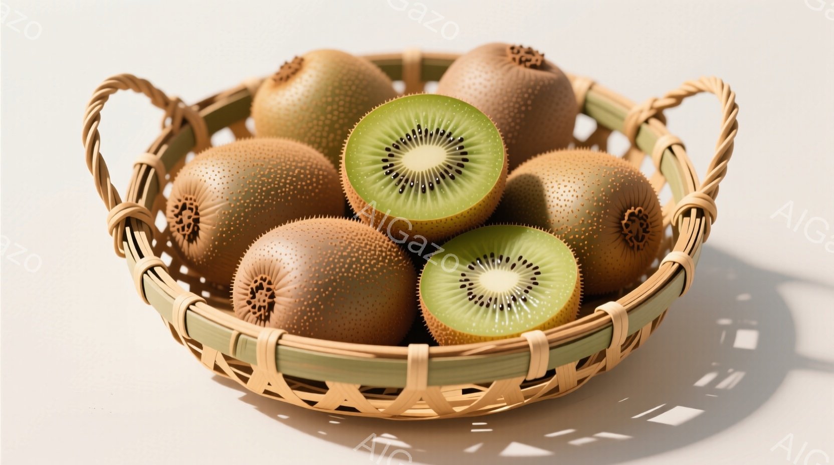 籐編みの浅いバスケットの中に、茶色のキウイフルーツがいくつか並べられており、そのうちの２つは半分にカットされて緑色の果肉と黒い種が見えている。バスケットは明るいクリーム色の背景の上に置かれ、強い光が差し込み、キウイフルーツとバスケットに影を落としている。全体的に、自然で健康的な雰囲気があり、フルーツの鮮やかさが際立っている。