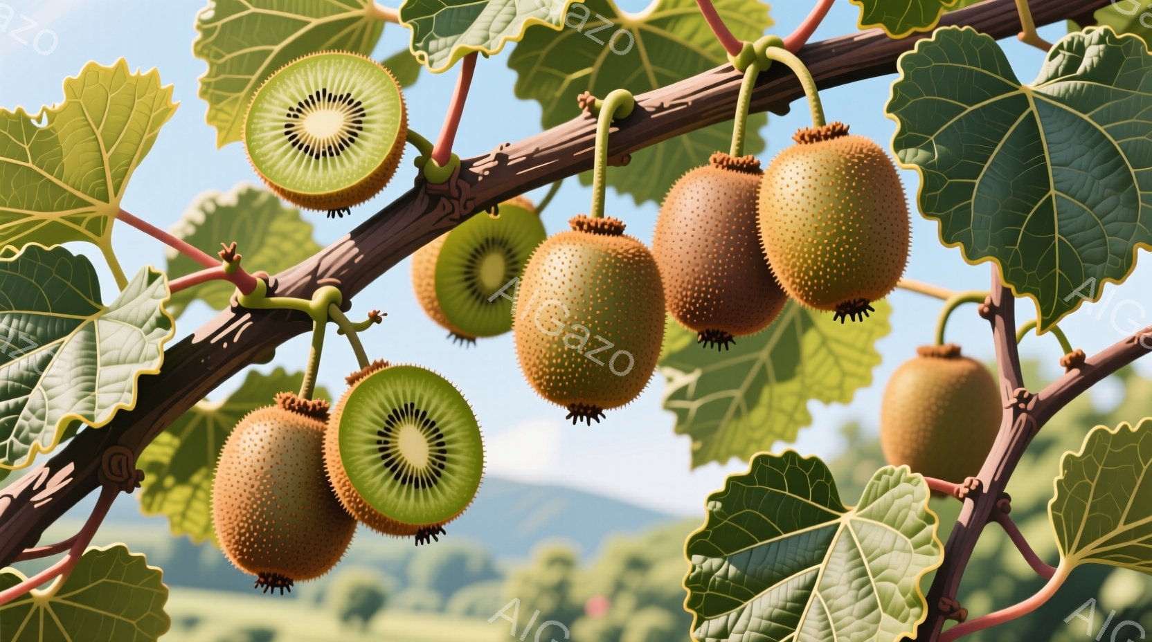キウイフルーツが枝につるした状態で、いくつか実が切れて断面が見えている。背景には緑豊かな草原と遠くの山々がぼやけて見え、晴れた日の自然な光が全体を照らしている。全体的に瑞々しく、果実の甘みが感じられるような、活気のある雰囲気である。