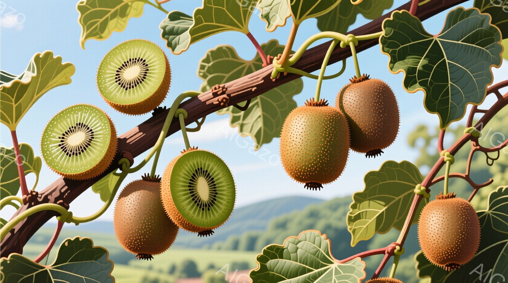 キウイフルーツが枝にぶら下がっている様子が描かれています。茶色い枝に実ったキウイフルーツがいくつかあり、一部は半分にカットされて中身が見えています。背景には緑豊かな丘陵地帯と青空が広がり、穏やかで自然な雰囲気が漂っています。