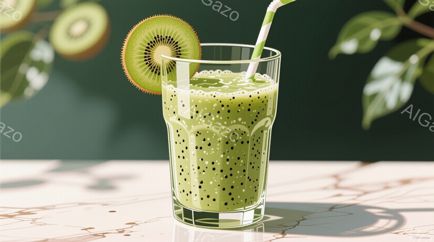キウイのスムージーがガラスのグラスに注がれており、グラスの縁にはキウイのスライスが飾られています。背景はぼやけた緑色で、テーブルには影が落ち、強い日差しが当たっていることを示唆しています。全体的に、爽やかで健康的な雰囲気を感じさせる画像です。