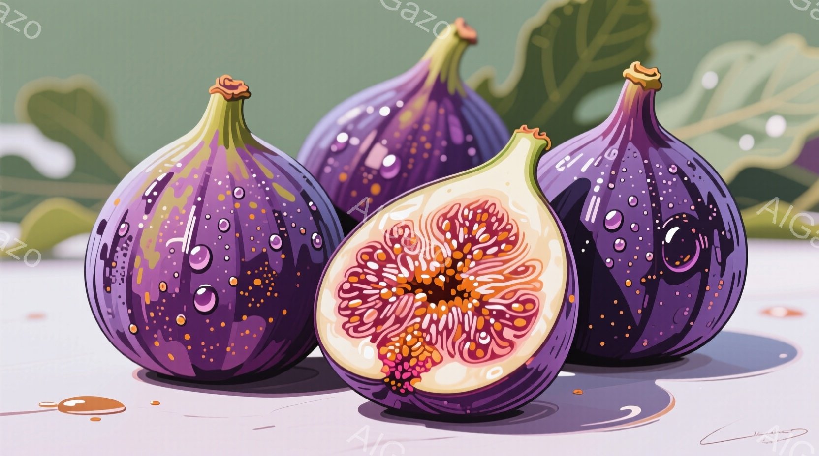 鮮やかな紫色のイチジクが三つ、白い台の上に置かれています。一つは半分に切られており、内部の赤と紫の複雑な模様が鮮やかに見えます。背景には緑色の葉があり、全体的に瑞々しく、食欲をそそる雰囲気です。 - AI生成フリー素材