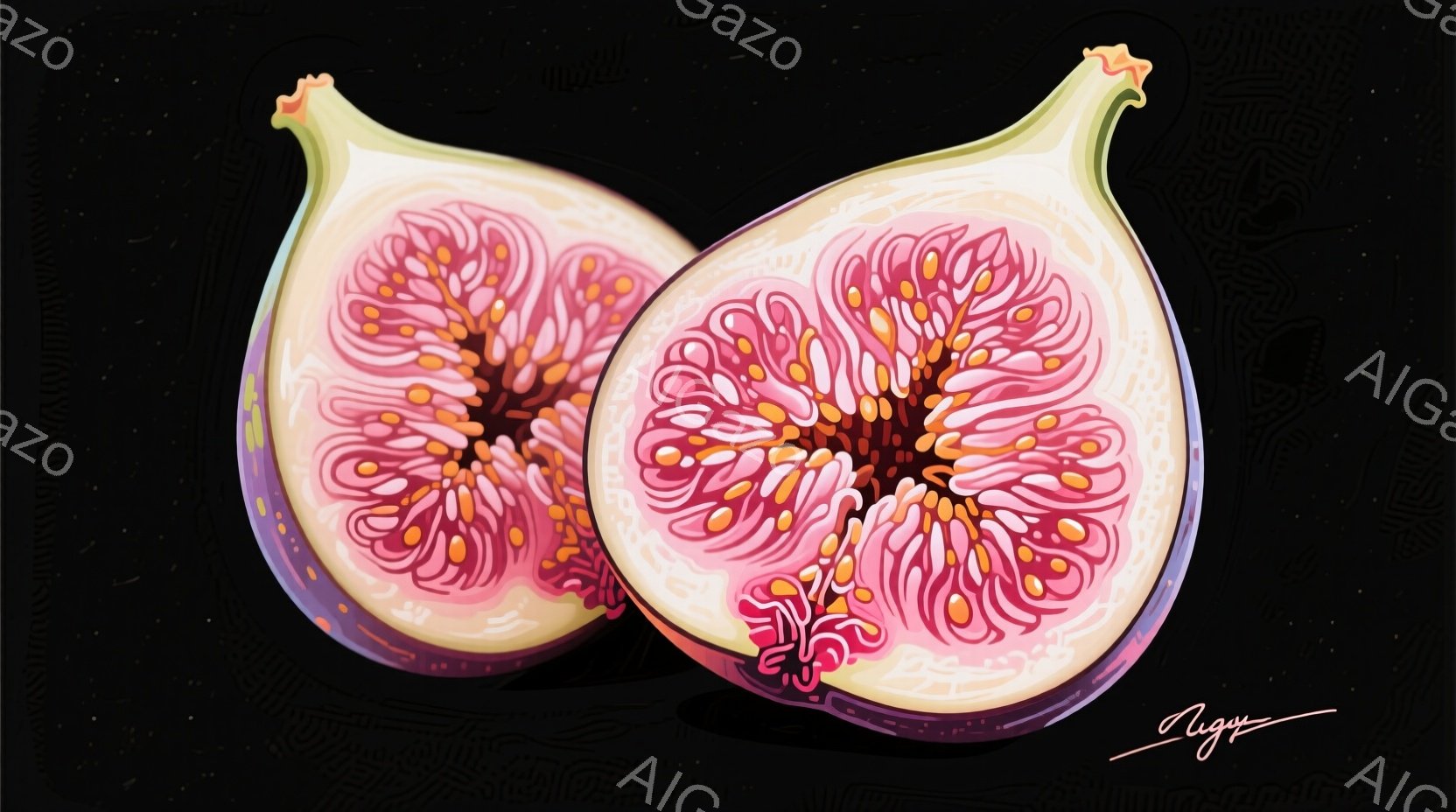 半分にカットされたイチジクが2つ描かれています。イチジクはピンク色と赤色の美しい模様で、甘くてジューシーな印象を与えます。背景は黒で、複雑な模様が施されており、イチジクの鮮やかな色を引き立てています。 - AI生成フリー素材