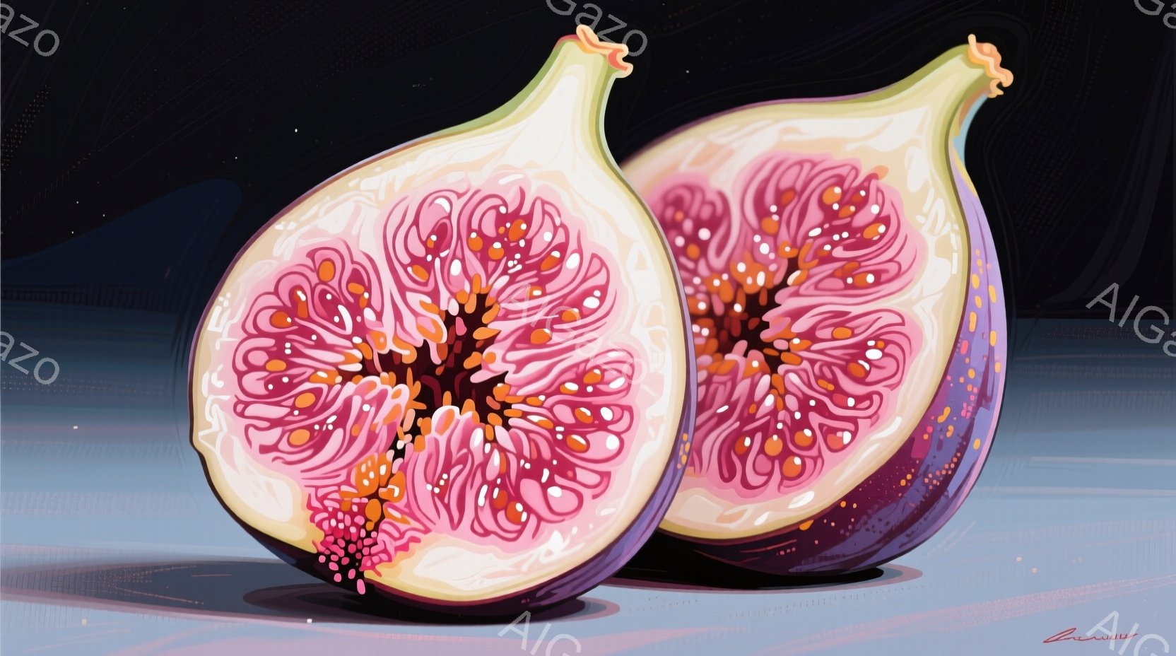 鮮やかな紫色のイチジクが2つ、半分にカットされて描かれています。果肉はピンクと赤の複雑な模様で、種は小さく密集しています。背景はぼやけた水色で、イチジクが際立っており、全体的に鮮やかで食欲をそそる雰囲 - AI生成フリー素材