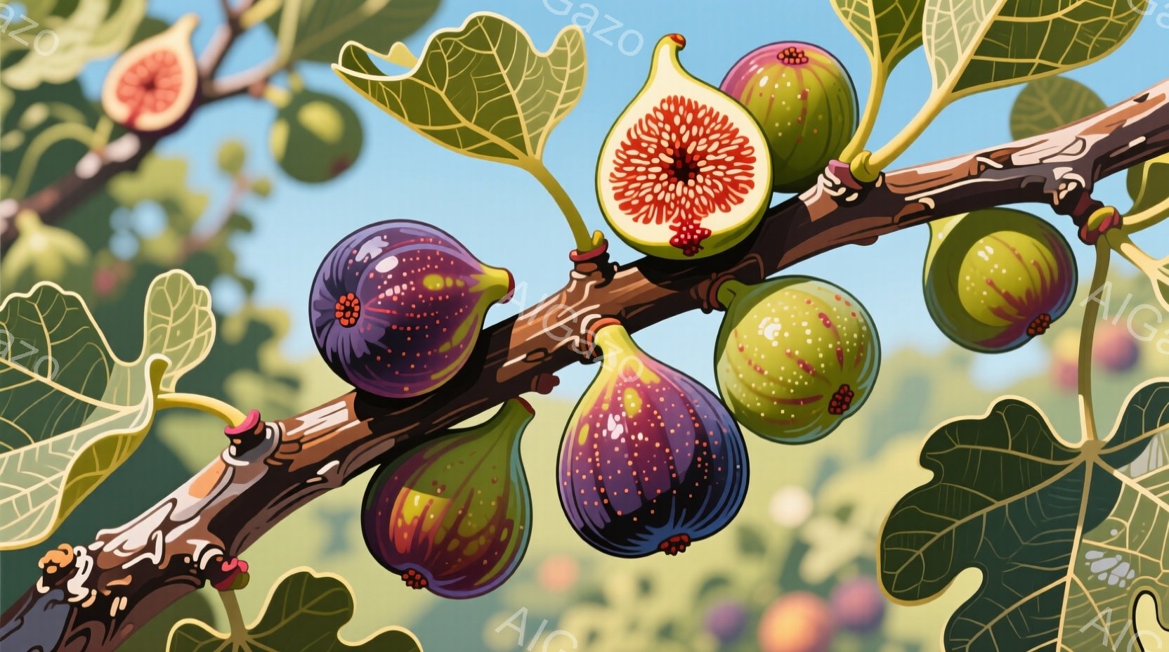 イチジクの木に実がなり乱れている様子が描かれています。紫色の実と緑色の実が混ざり合い、一部は横に切られて中の赤い種が露わになっています。背景は明るい青空で、イチジクの葉が画面全体を彩り、自然の豊かさを感じさせる穏やかな雰囲気です。