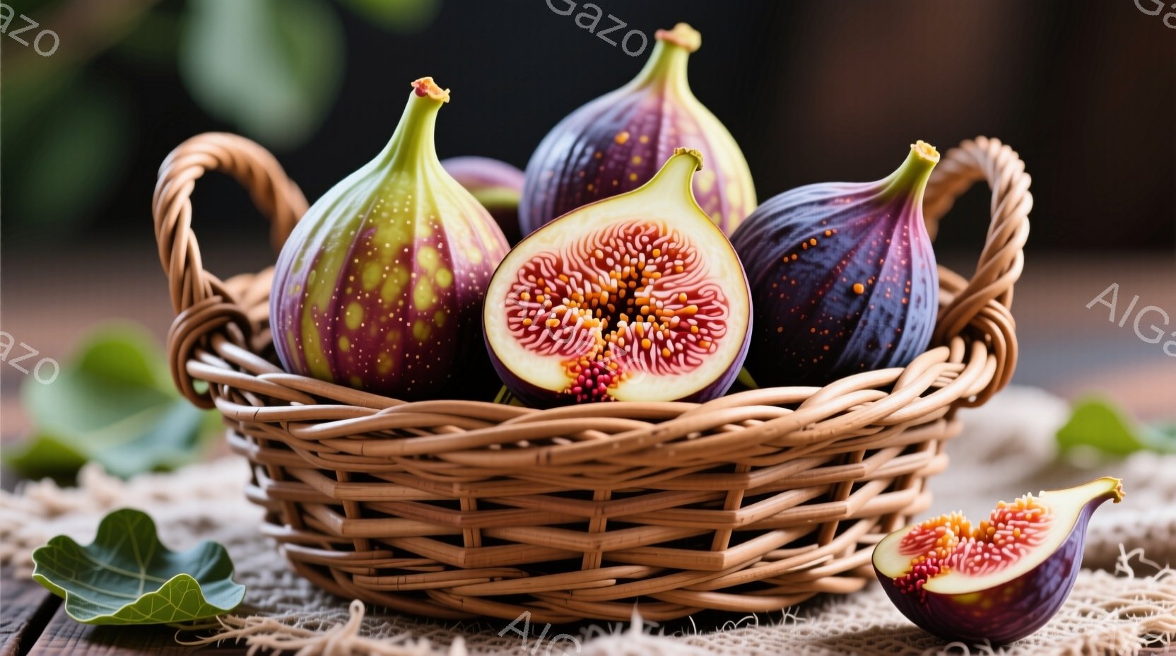 籐編みのバスケットの中に、熟したイチジクがいくつか入っています。半分に切られたイチジクからは、赤い果肉と種が見え、甘くてジューシーな様子が想像できます。背景には粗い麻布のようなものが敷かれており、葉っぱが添えられ、全体的に自然で温かみのある雰囲気を醸し出しています。