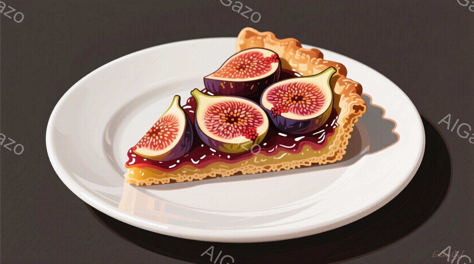 白い皿に、イチジクをトッピングしたタルト一片が写っている。タルト生地は黄金色で、イチジクは深紫色で美しく、甘い香りが漂ってくるようだ。背景は暗く、タルトが際立っており、食欲をそそる雰囲気である。 - AI生成フリー素材