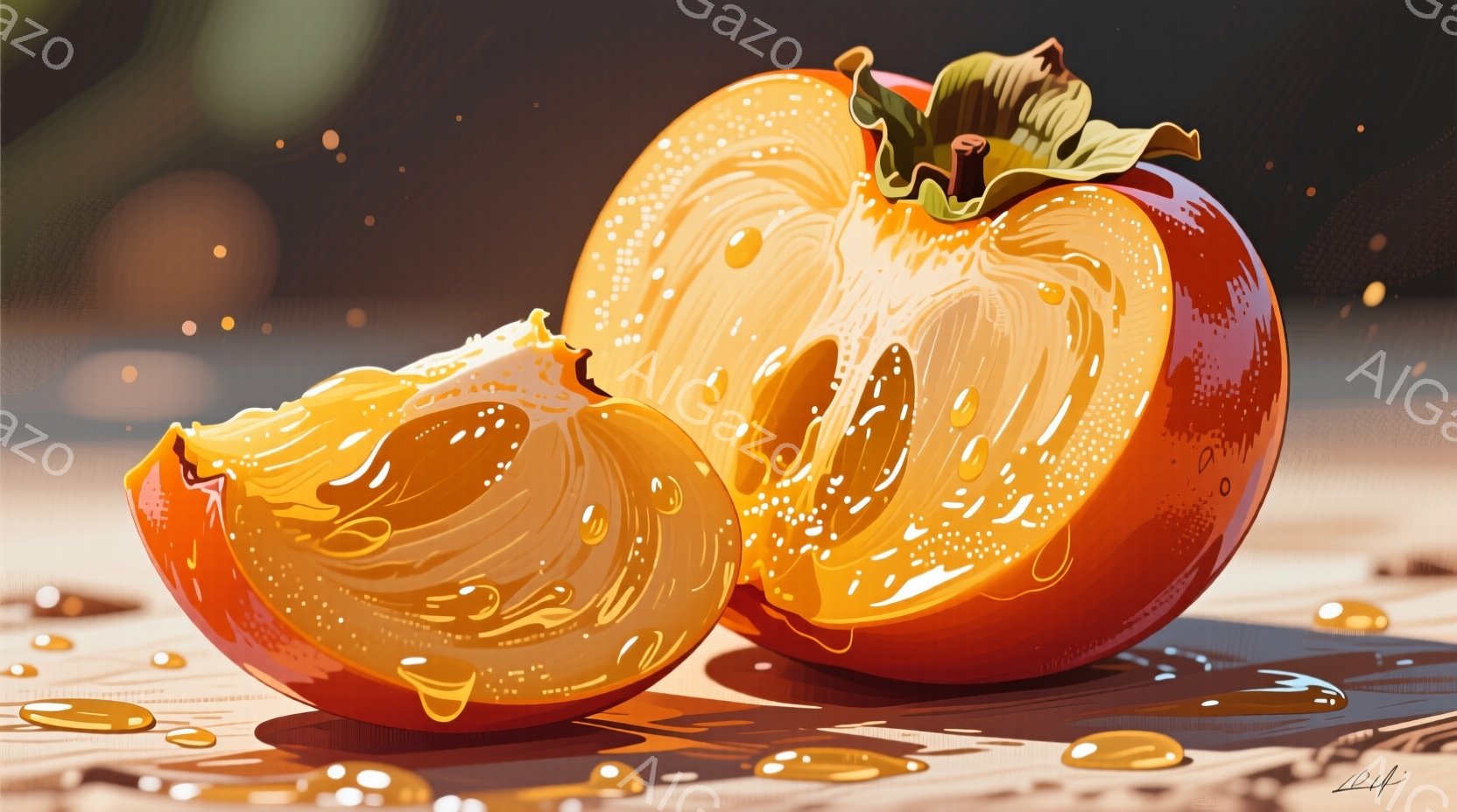 鮮やかな柿が半分に割られ、その断面が美しいオレンジ色を呈している。柿の周りには水滴が散らばり、光沢のある木製のテーブルの上に置かれている様子が描かれている。全体的に暖かく、秋の収穫を感じさせる雰囲気で - AI生成フリー素材