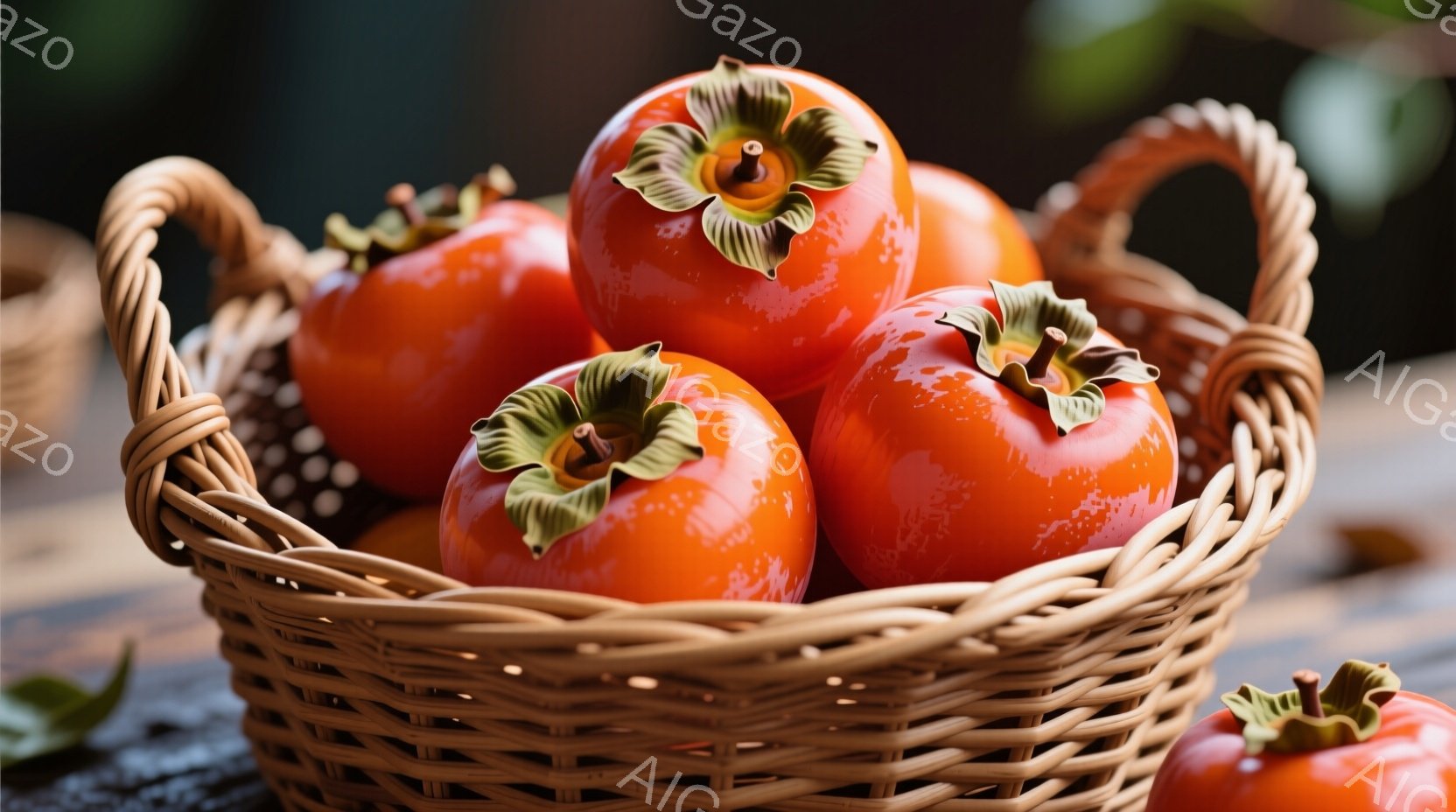 籠の中に鮮やかな柿がぎっしりと詰まっています。柿はつややかなオレンジ色で、緑色のヘタが可愛らしいアクセントになっています。背景はぼやけていますが、木製のテーブルの上に置かれているようで、秋の収穫を思わ - AI生成フリー素材