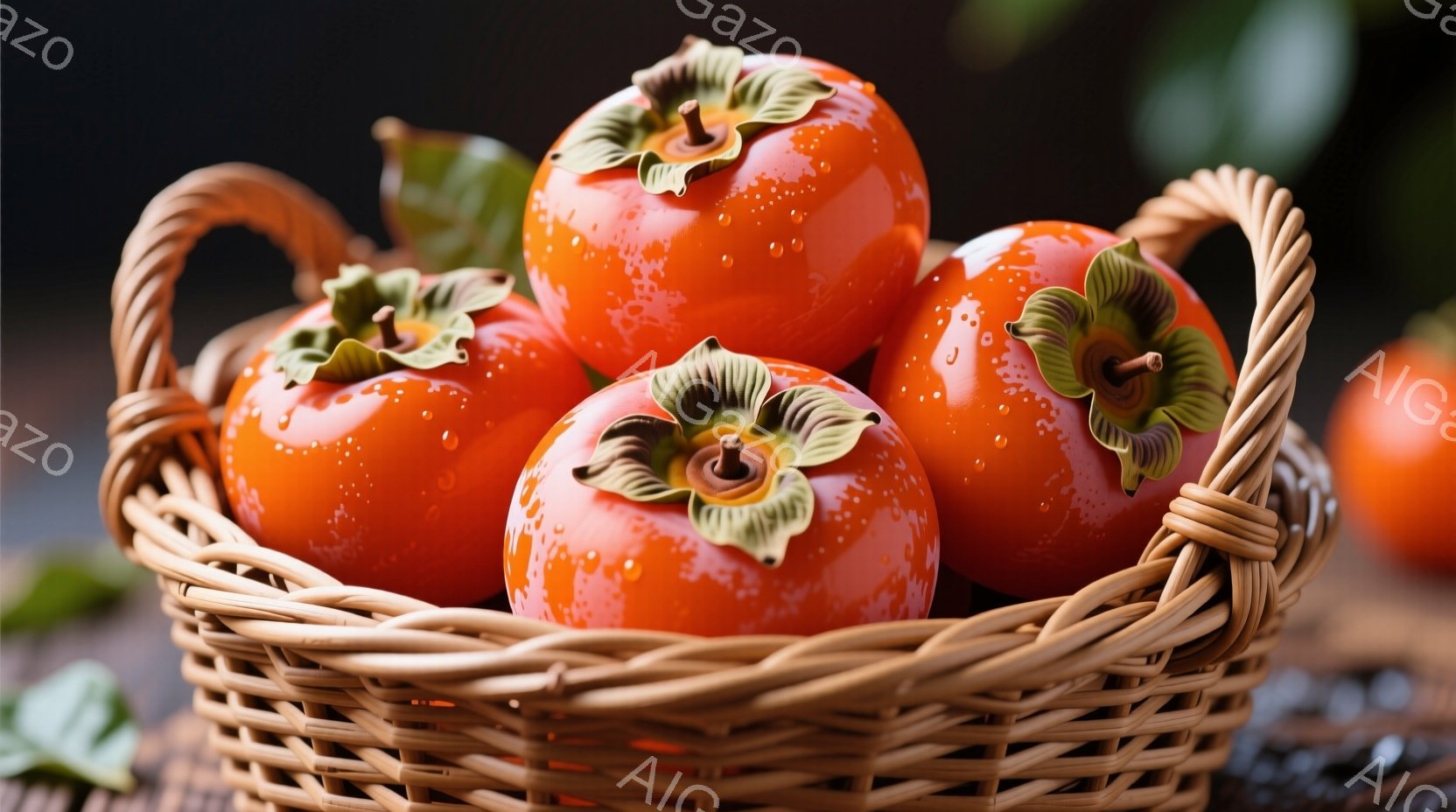 籠の中に鮮やかなオレンジ色の柿がぎっしりと詰まっています。柿には水滴が付き、まるで収穫したばかりのような新鮮さを感じさせます。背景はぼかされており、柿の鮮やかな色がより際立っています。 - AI生成フリー素材