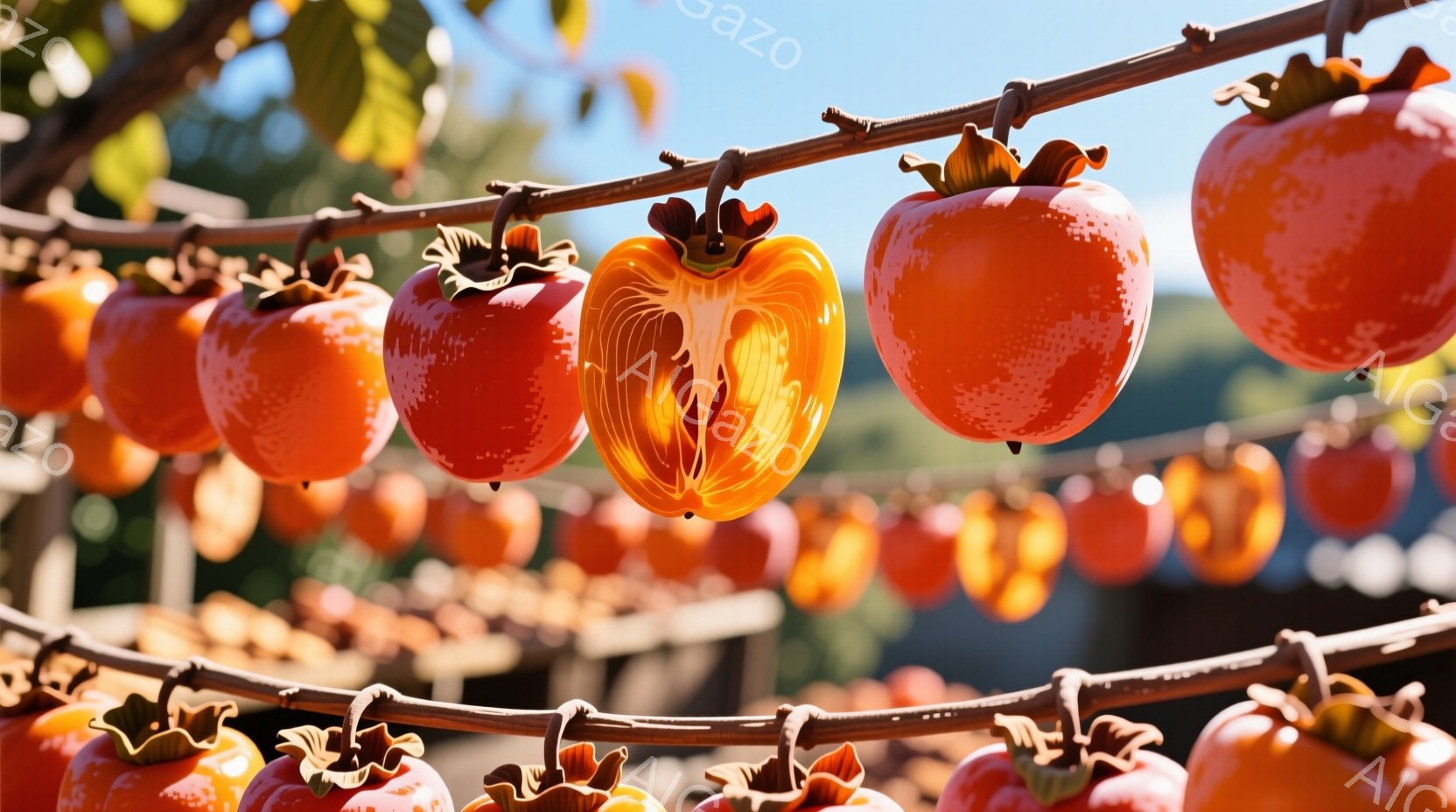 柿がロープに吊るされ、乾燥している様子が写っています。 一つは半分に切られており、果肉のオレンジ色が鮮やかです。 背景には緑の丘と青空が広がり、秋の穏やかな雰囲気を伝えています。