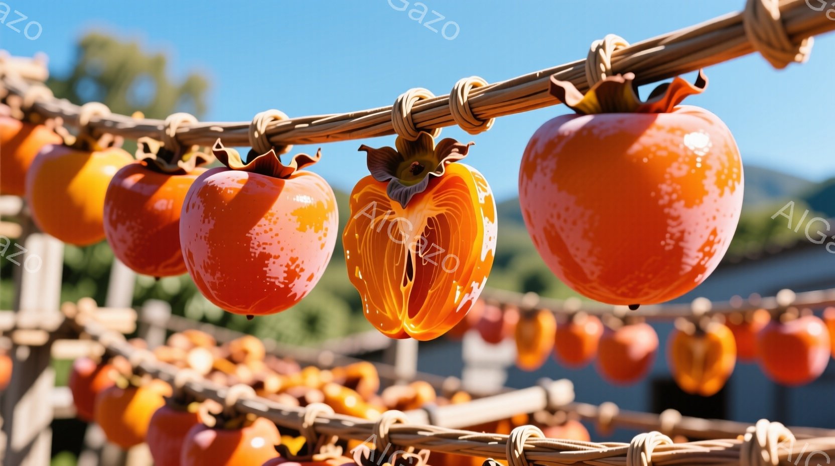 干し柿がロープに吊るされた様子が写っています。柿は鮮やかなオレンジ色で、一部は半分にカットされ中身が見えています。背景には緑豊かな木々と青空が見え、秋の収穫の雰囲気が漂っています。