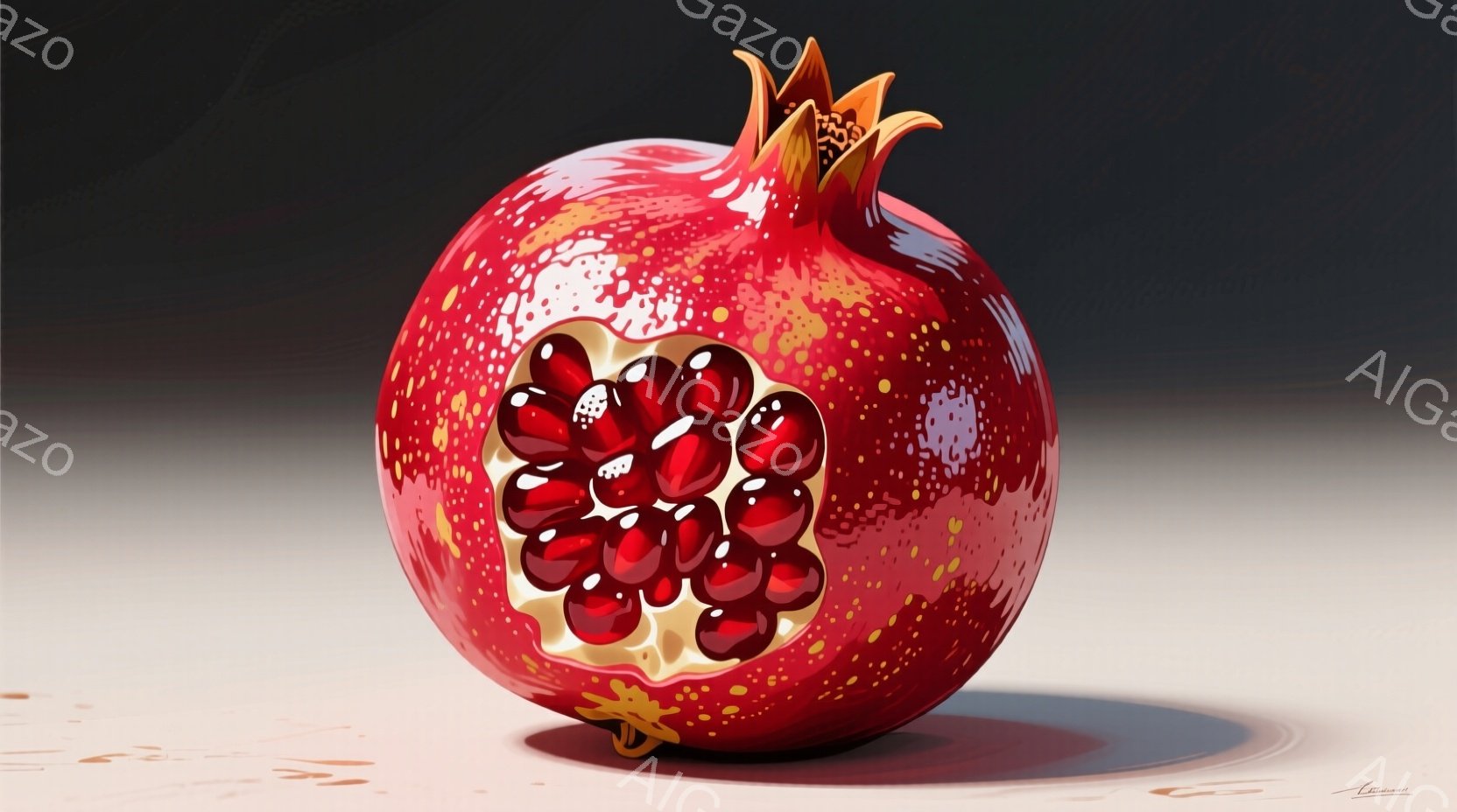 鮮やかな赤いザクロが、一部が割れて中から深紅の種が見える状態で描かれています。表面には細かい斑点模様があり、光沢があり、影が落ちています。背景はぼやけた薄いオレンジ色で、ザクロが際立って見えています。