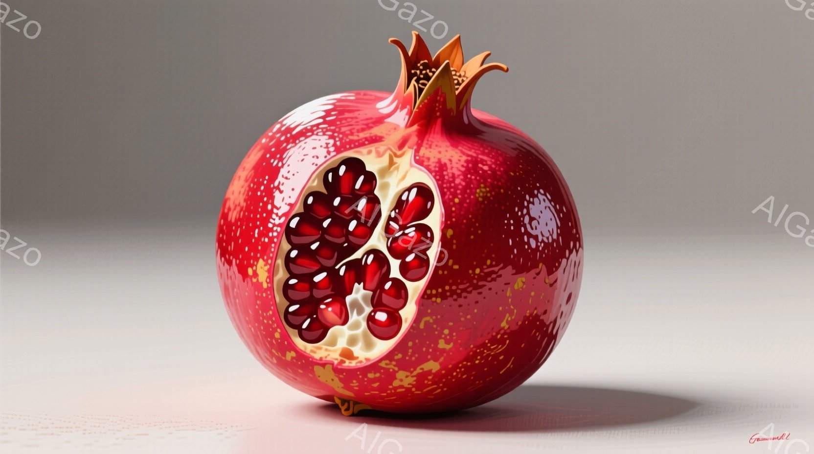 赤く光沢のあるザクロが半分に割れて、瑞々しい赤い種が露わになっています。背景は薄いグレーで、ザクロの影が床に落ちています。全体的に、豊穣さと生命力を感じさせる、シンプルで美しい静物画です。