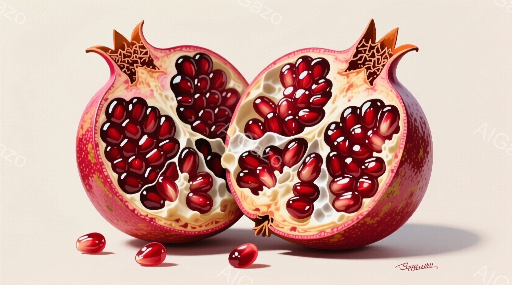 鮮やかな赤いザクロが半分に割れて、中から宝石のように輝く種が露わになっています。種は密集して並び、ザクロの白い果肉とのコントラストが美しいです。数粒の種がザクロの周りに落ちており、背景は淡いベージュ色で、全体的に鮮やかで生き生きとした雰囲気です。