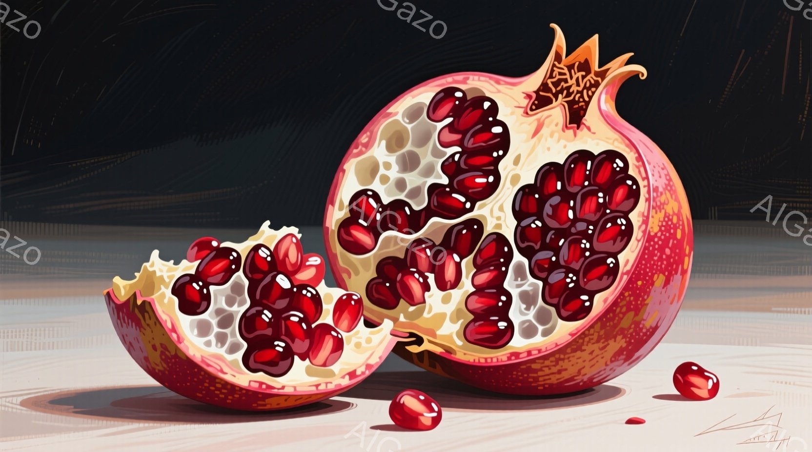 ざく切りにされたザクロが、白っぽい木製のテーブルの上に置かれています。深紅色の粒がぎっしりと詰まった断面からは瑞々しさが感じられ、数粒はテーブル上に転がっています。背景は暗く、ザクロの鮮やかな赤色が際立っています。