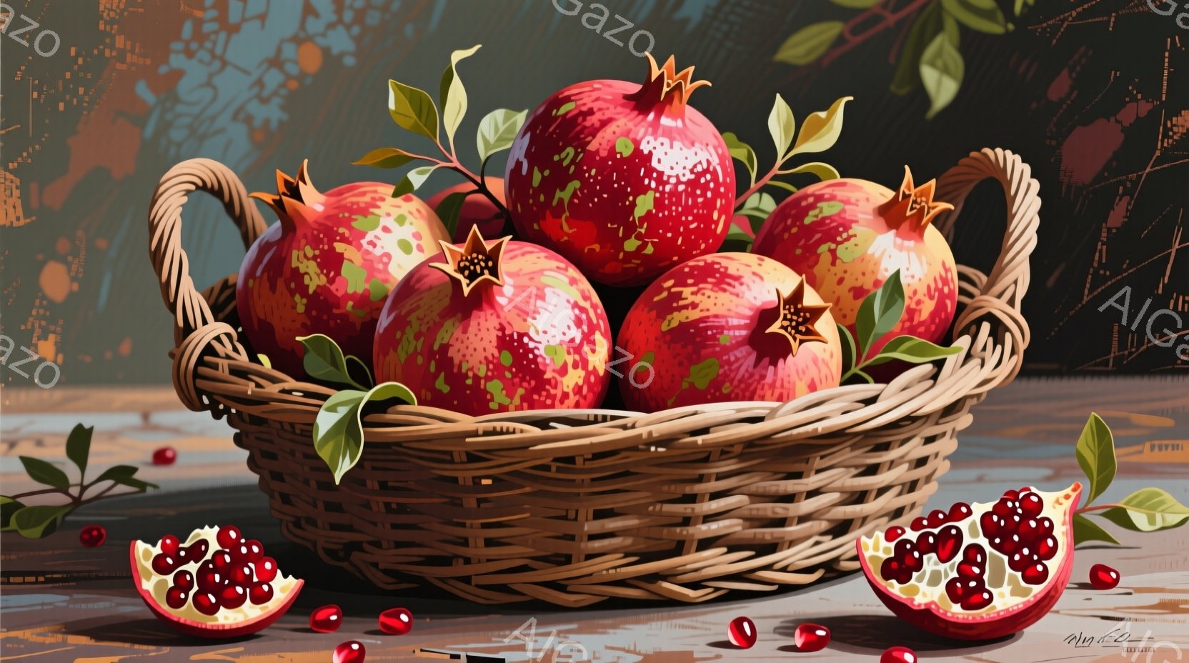 ざっくりとした編み込みの籠に、赤いザクロがたっぷり盛られています。籠の横には半分に切られたザクロと、種がいくつか散らばっており、豊かさと実りの季節を表現しています。背景は抽象的な茶色と緑色のグラデーションで、暖かく落ち着いた雰囲気を作り出しています。