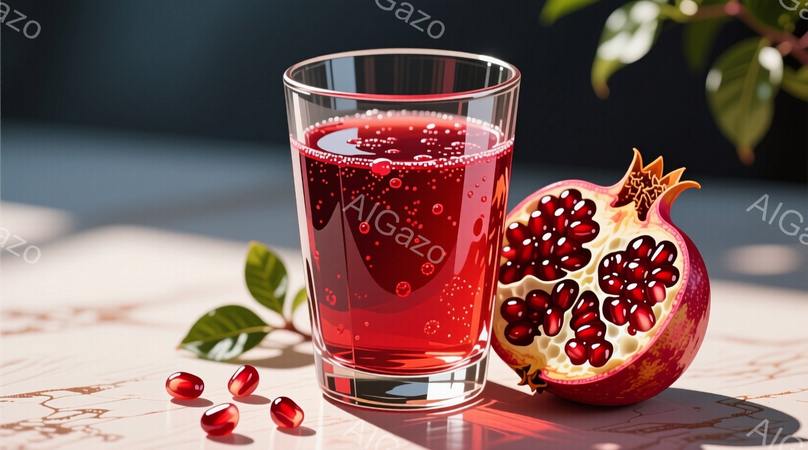 鮮やかな赤いザクロジュースがグラスに満たされ、周りにはザクロの実と葉が散らばっています。ザクロは半分に割られて、その美しい種が露わになっています。大理石のようなテーブルの上で、光と影がコントラストを生み出し、爽やかで贅沢な雰囲気を醸し出しています。