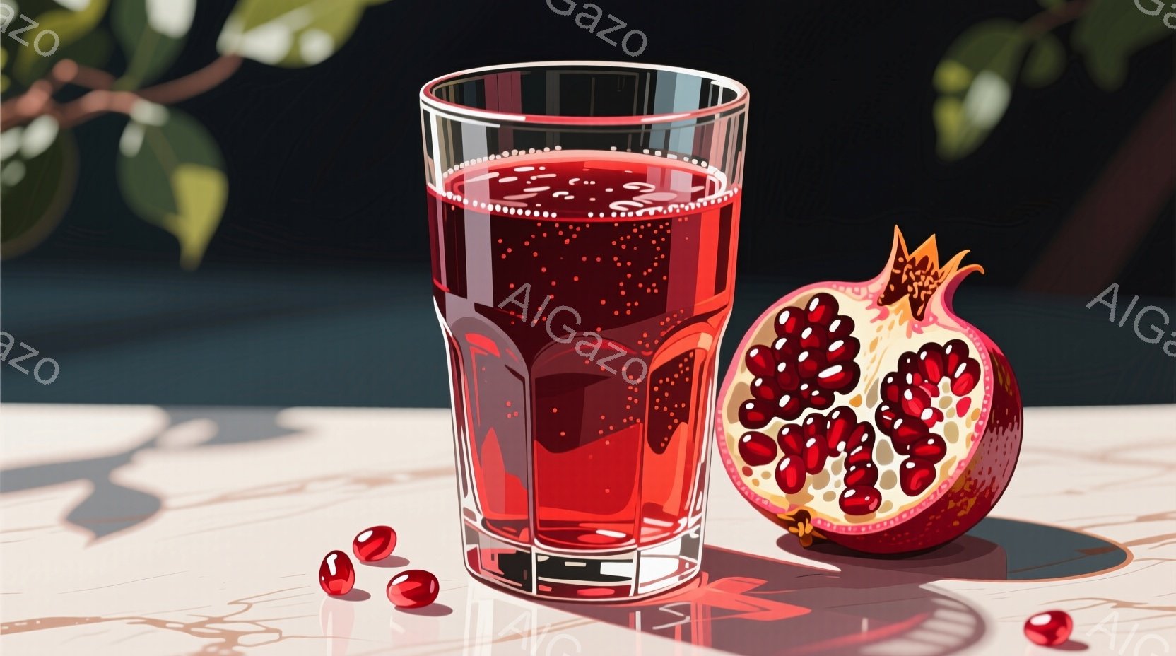 鮮やかな赤いジュースが、細長いグラスに満たされ、小さな泡が立ち上っている。半分に割られたザクロがグラスの隣に置かれ、赤い実が露わになっている。テーブルの上には、こぼれたザクロの実と、強い影が落ち、強い日差しが差し込むような、明るく暖かい雰囲気が漂っている。