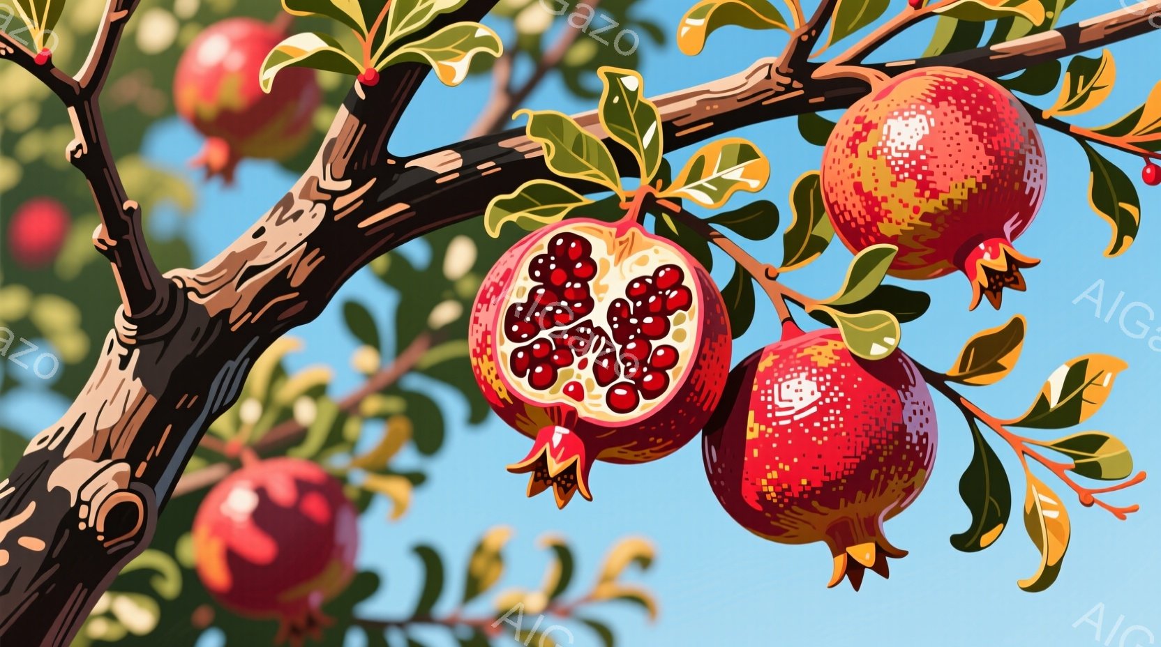 ザクロの果実が枝に実っている様子を描いています。赤く熟したザクロは、一部が割れて中から深紅色の種が見え、鮮やかな緑の葉とのコントラストが美しいです。背景は穏やかな青空で、全体的に豊穣で生命力溢れる雰囲 - AI生成フリー素材