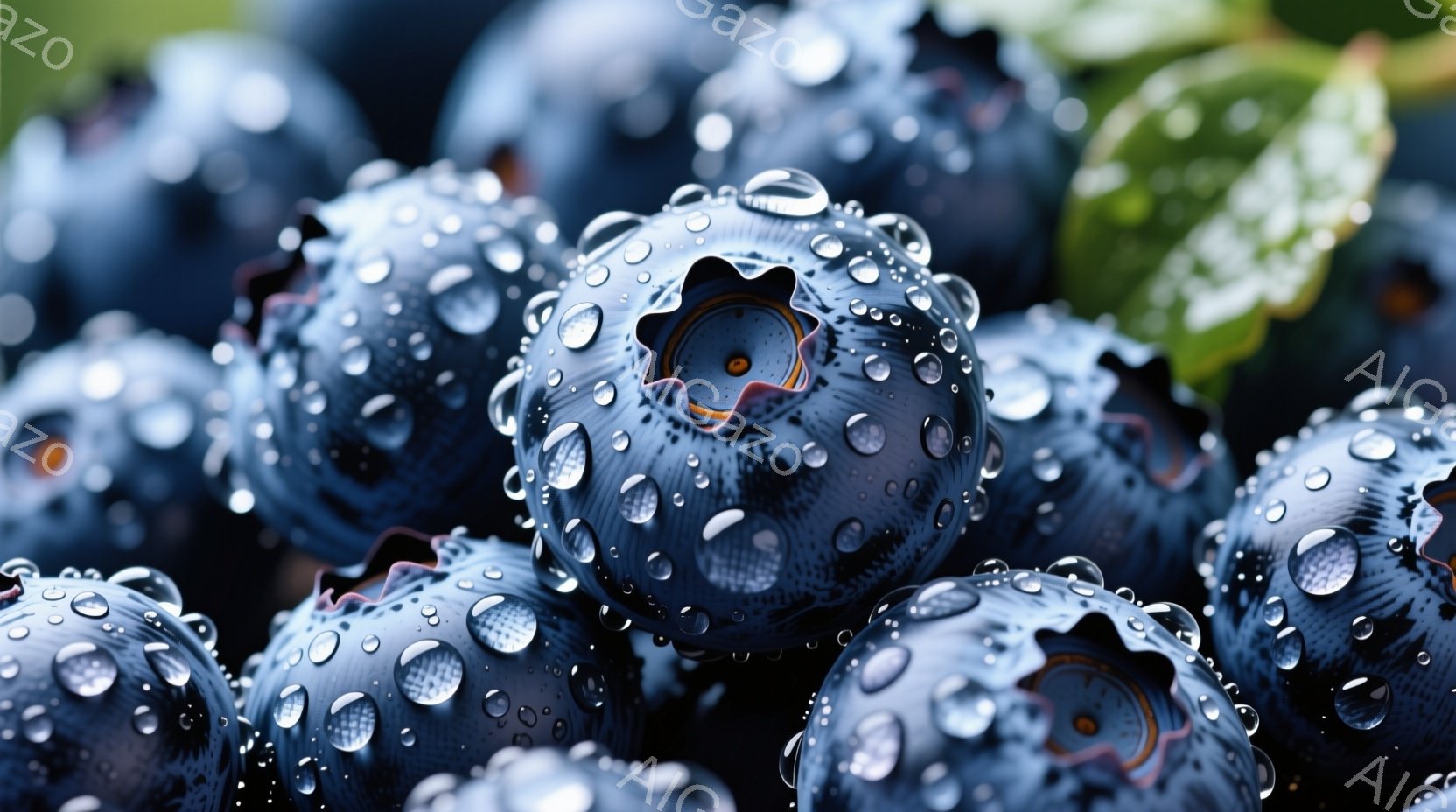 深い青色のブルーベリーが密集して写っており、表面には水滴が輝いている。果実は丸みを帯びており、それぞれが独特の質感と色合いを持っている。背景には緑色の葉がわずかに見え、全体的に爽やかで自然な雰囲気を醸 - AI生成フリー素材