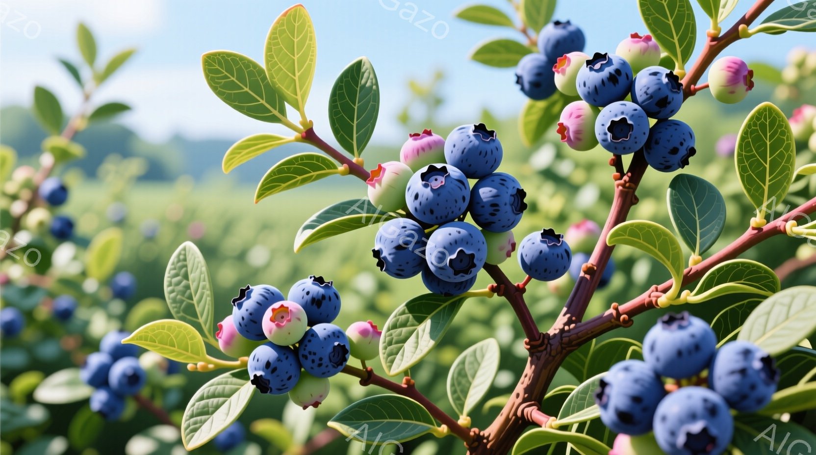 鮮やかなブルーベリーが、緑の葉に囲まれた赤い枝に実っています。背景には、広大なブルーベリー畑が広がり、空は晴れ、穏やかな一日であることが伺えます。全体的に、自然の恵みと静寂を感じさせる、穏やかな雰囲気の画像です。