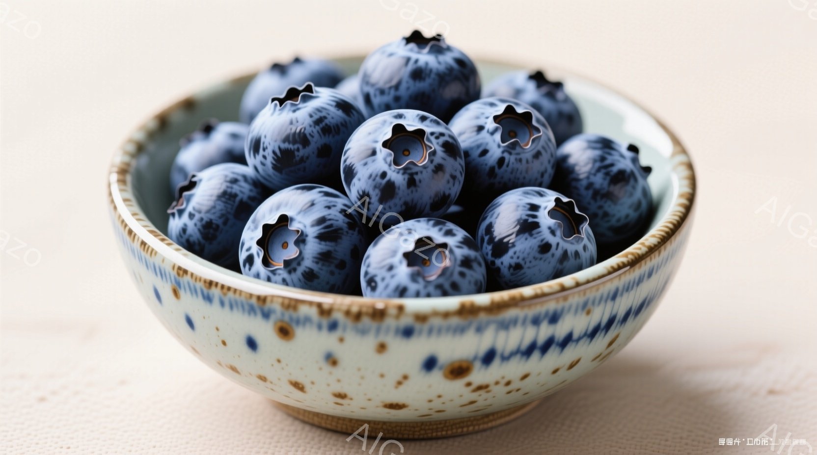 鮮やかな青色のストライプと水玉模様が施された陶器の器に、ブルーベリーがぎっしりと詰まっています。ブルーベリーは表面に独特の模様があり、深みのある青紫色をしています。背景はぼかされており、器とブルーベリーが際立っています。