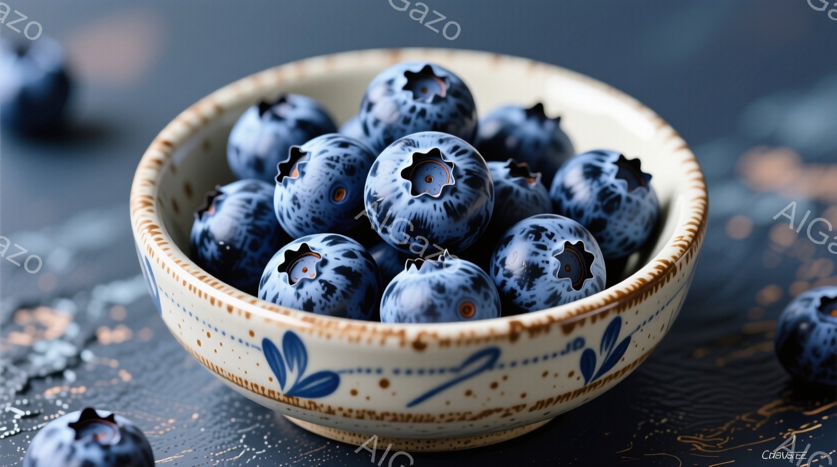 明るいクリーム色のボウルに、たくさんの青いブルーベリーがぎっしりと詰まっています。ボウルには青い花柄の模様が描かれており、ボウルの周りには小さなブルーベリーがいくつか散らばっています。全体的に暖かく、新鮮で、食欲をそそる雰囲気です。
