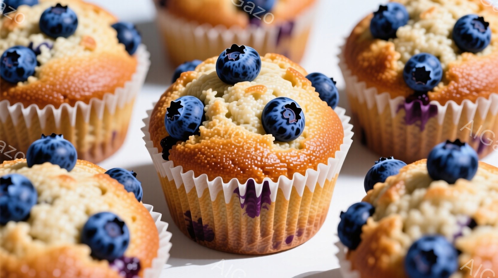白い背景に、ブルーベリーがトッピングされた焼き立てのマフィンがいくつか並べられています。マフィンは黄金色で、表面にはカリカリとしたクランブルが散りばめられており、食欲をそそります。全体的に温かく、家庭的な雰囲気が漂っています。