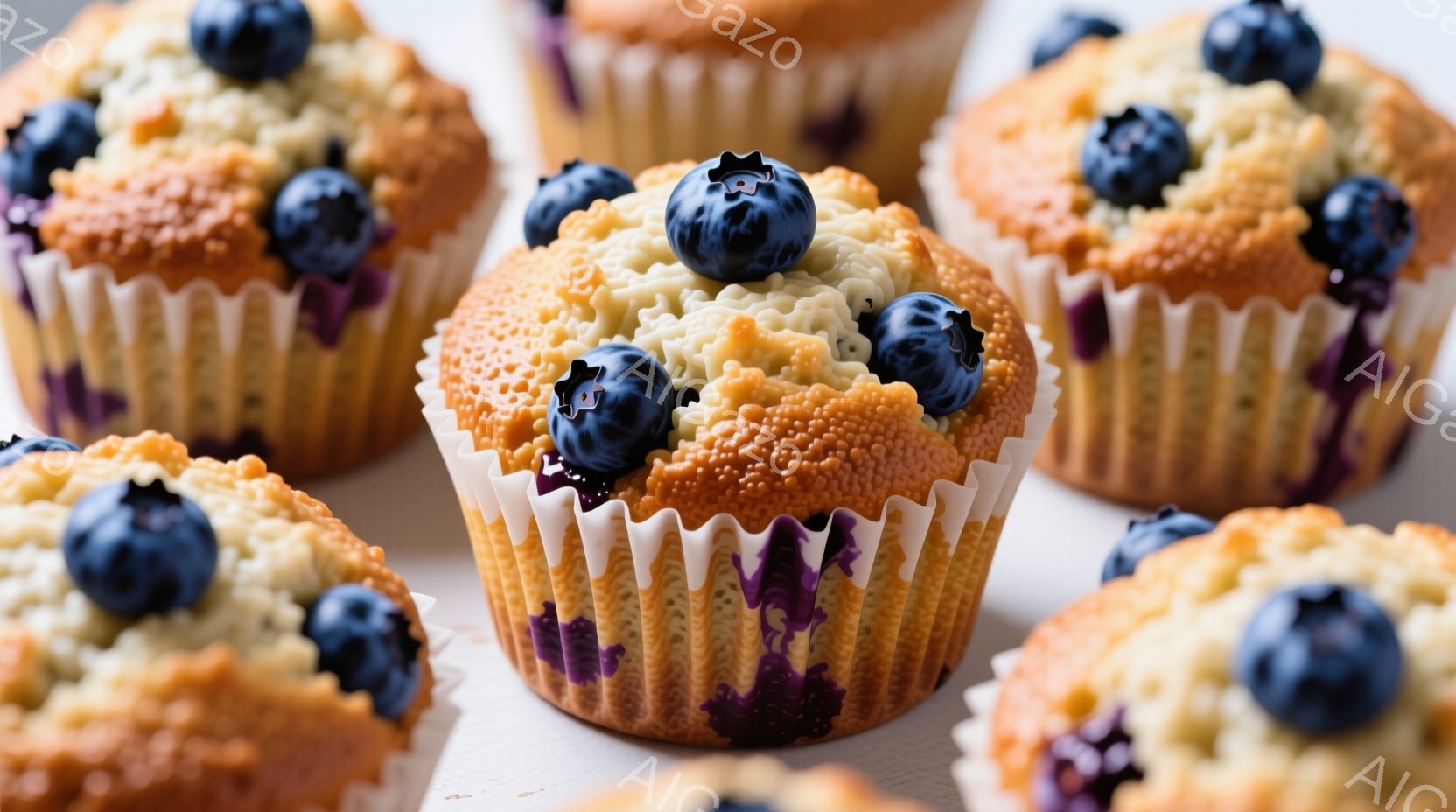 焼き立てのマフィンが数個、白い背景に並んでいます。マフィンは、表面にブルーベリーが散りばめられ、紙製のカップに包まれています。カップの内側には、ブルーベリーの果汁が染み出し、美味しさを引き立てています。